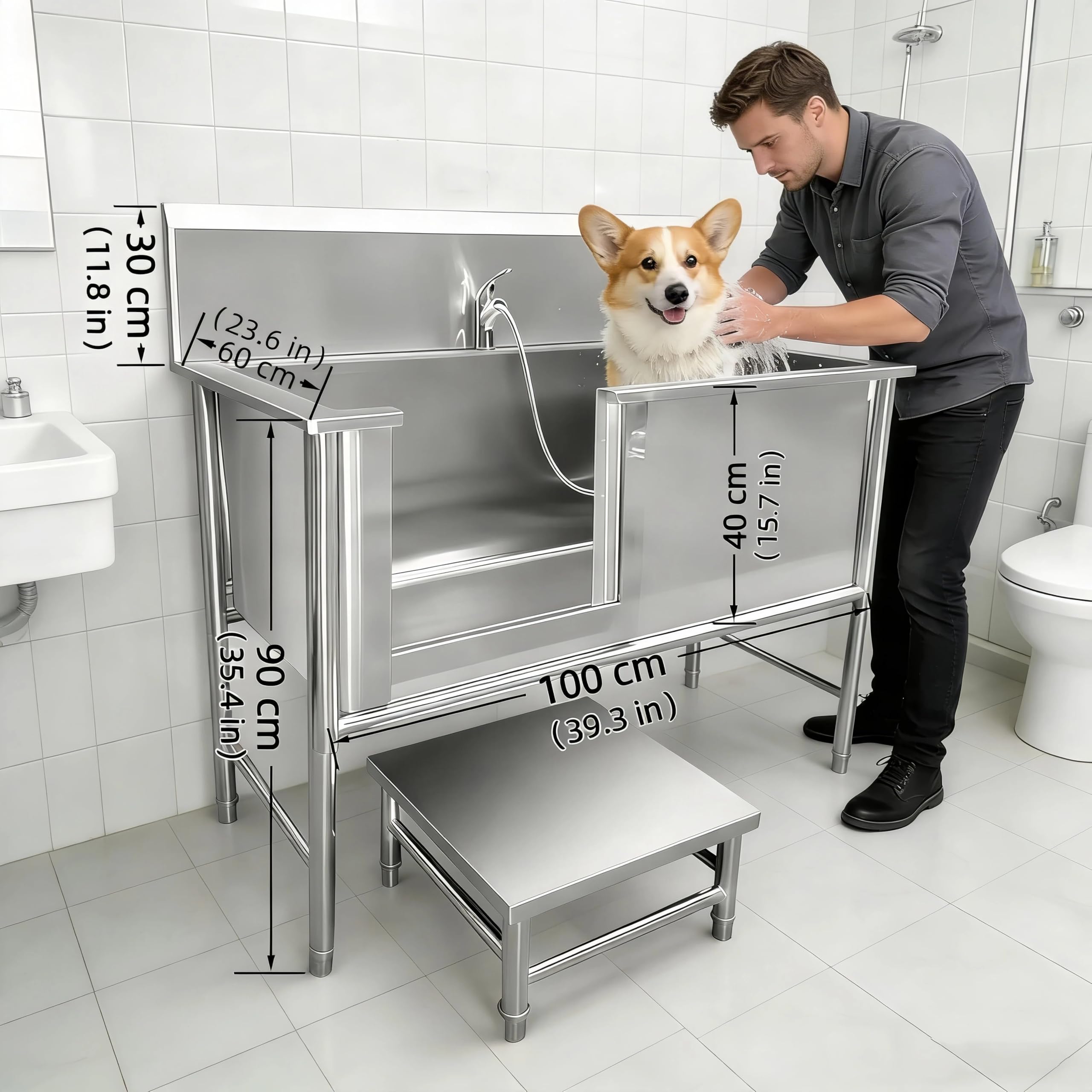 Genérico Bañera Profesional para Perros de Acero Inoxidable – con Puerta Corredera, Escalera y Grifo Extraíble Alfombrilla Antideslizante-Bañeras Profesionales para Perros