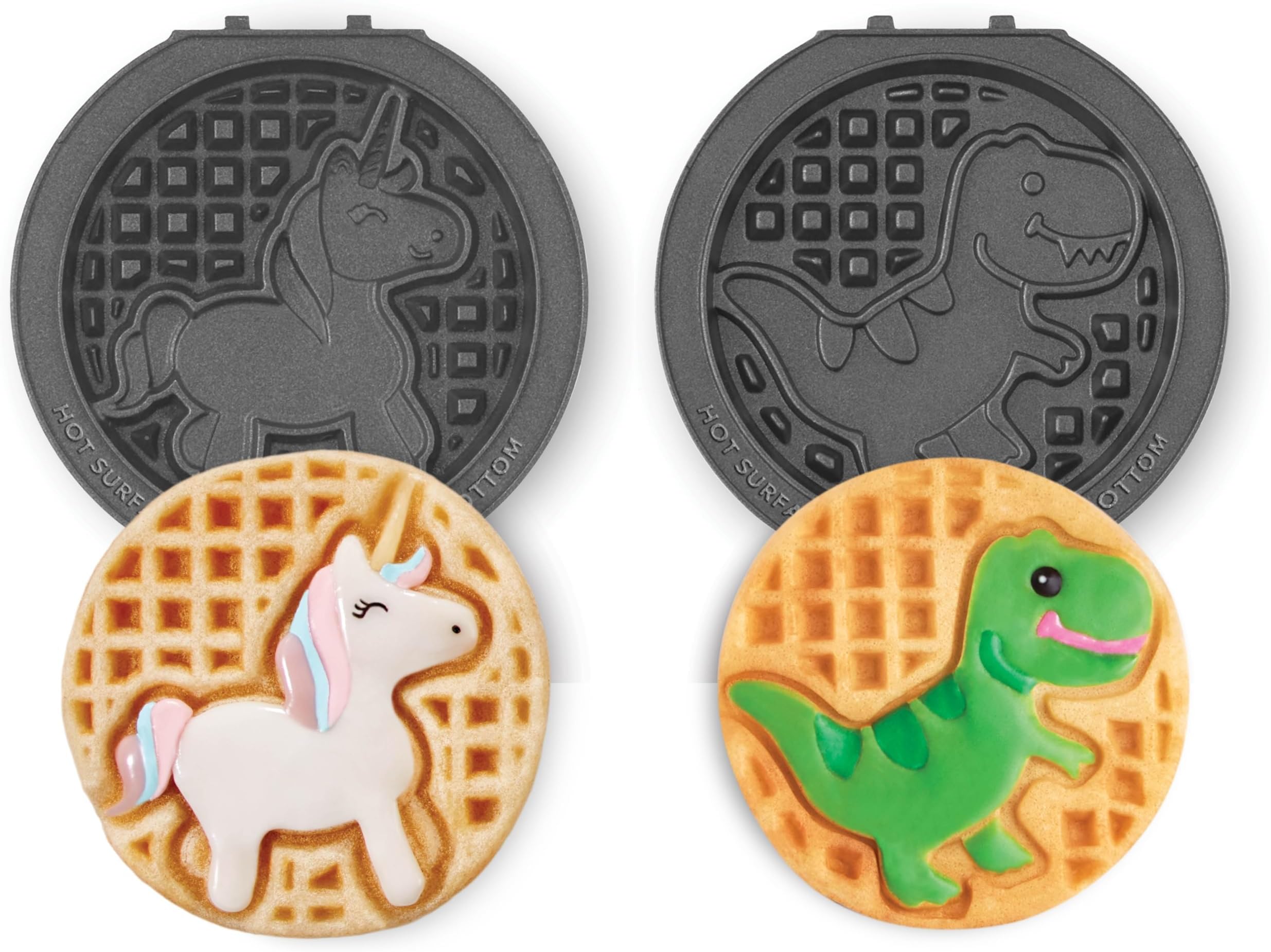 MultiMaker® Mini System Removable Plate Set - Nonstick Replacement Plates for Fun-Shaped Waffle Breakfast - Waffle Maker Not Included - 4-Inch - Two-Pack - Unicorn & Dinosaur
