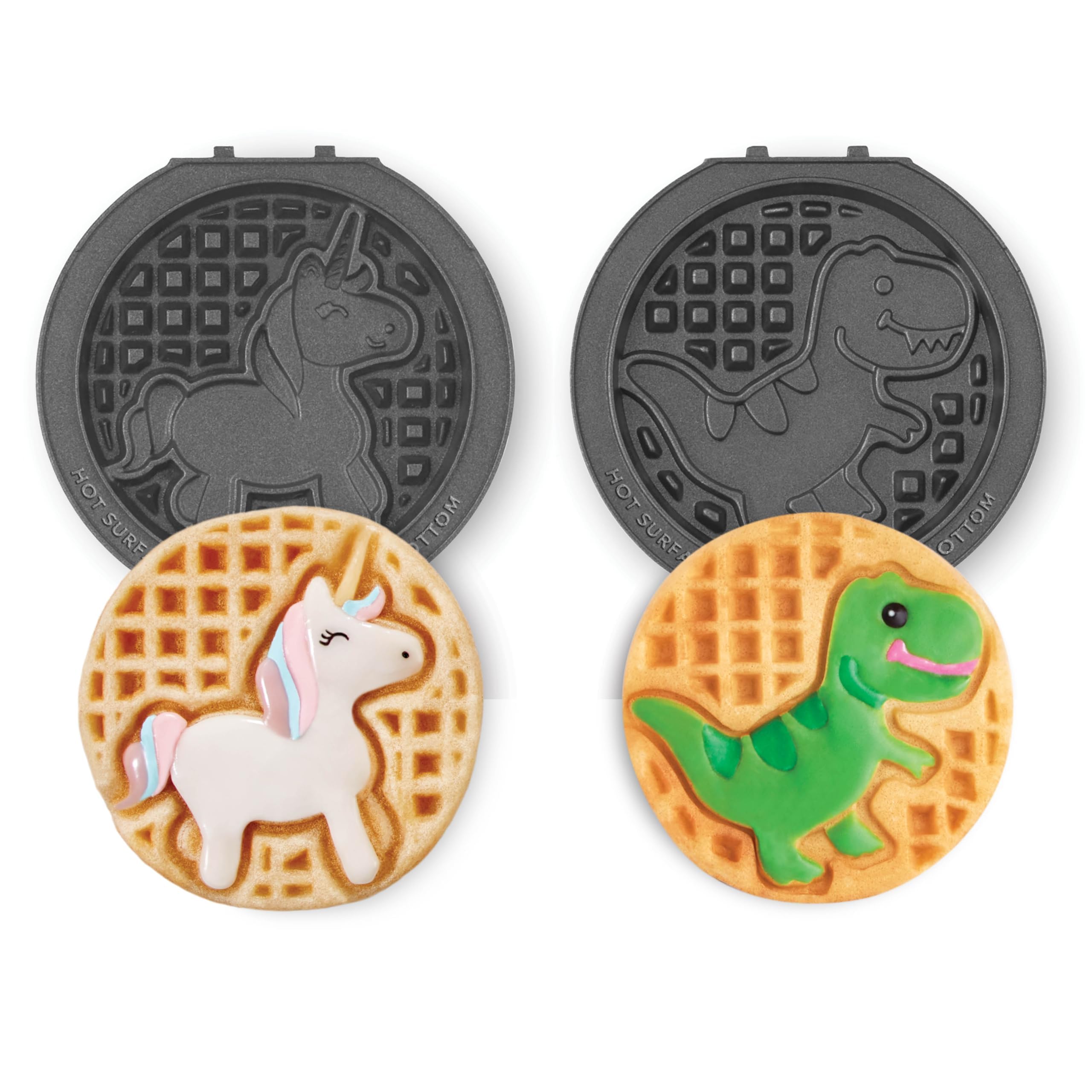 MultiMaker® Mini System Removable Plate Set - Nonstick Replacement Plates for Fun-Shaped Waffle Breakfast - Waffle Maker Not Included - 4-Inch - Two-Pack - Unicorn & Dinosaur