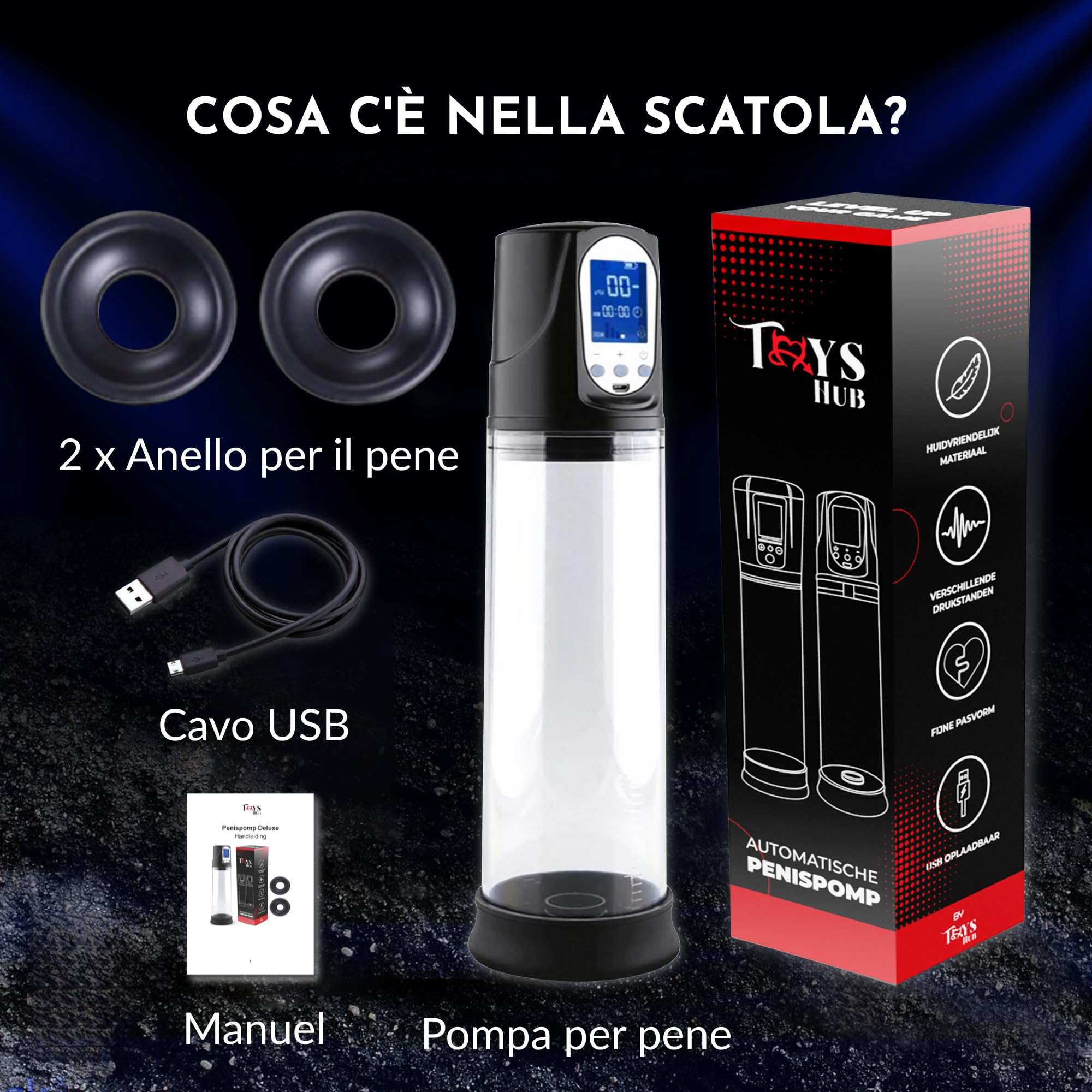 Pompa Peniena Elettrica Automatica con Display LED | 2 Anelli in Silicone | Ricaricabile USB | Impermeabile | Stimolatore e Amplificatore Maschile