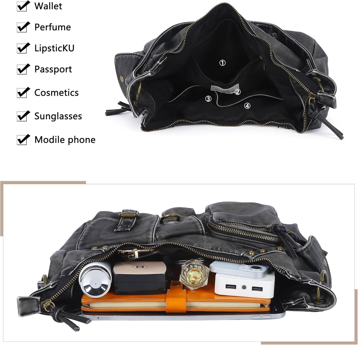 Angel Kiss Hobo Bag for Women Soft Vegan Leather Shoulder Handbag Multi-Pocket Tote Crossbody Bag, Removable Strap