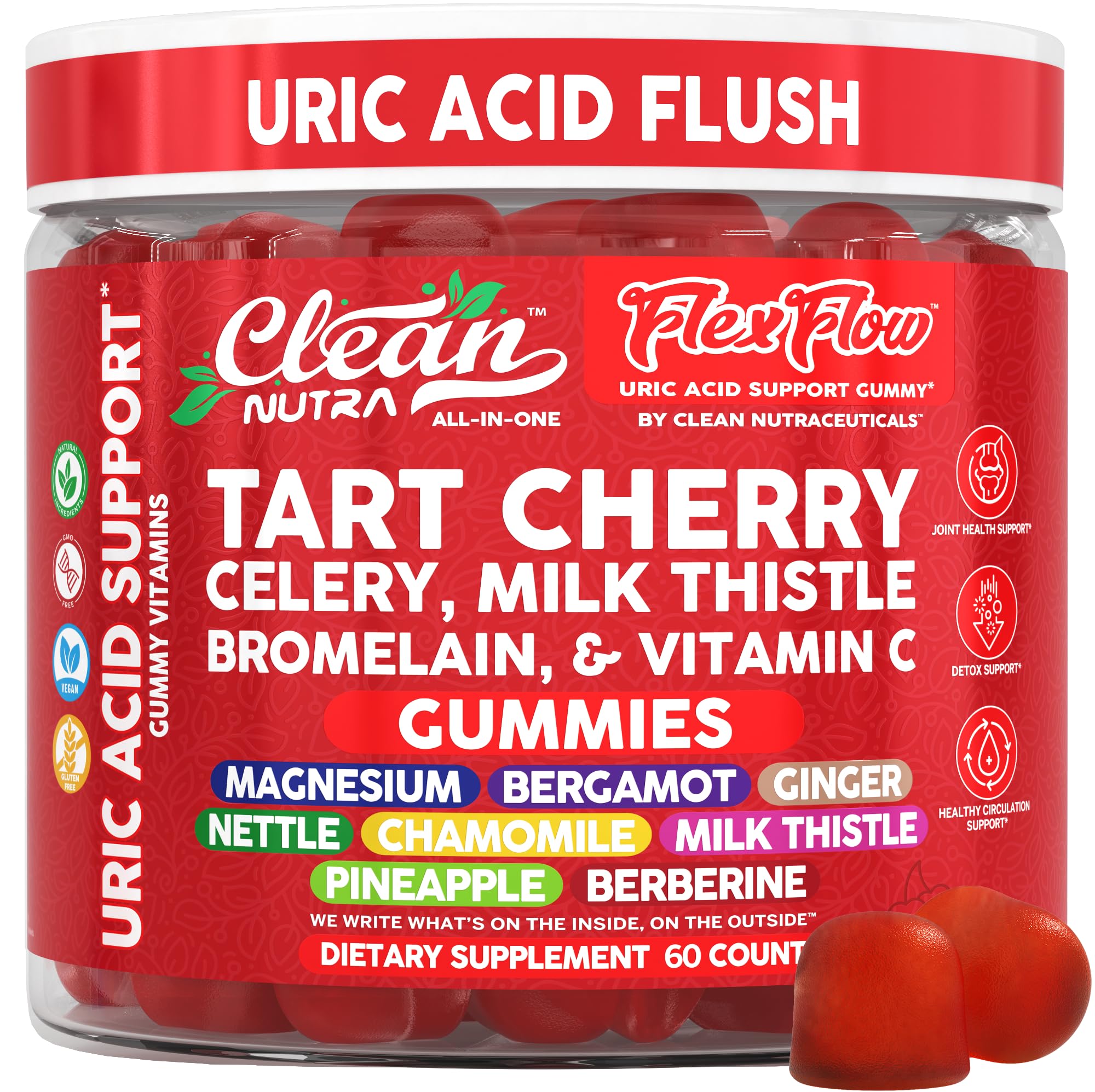 Clean Nutra Tart Cherry Gummies Uric Acid Flush Celery Milk Thistle Bromelain Vitamin C Magnesium Citrus Bergamot Ginger Stinging Nettle Leaf Chamomile Berberine Quercetin Support 60 Gummy Vitamins