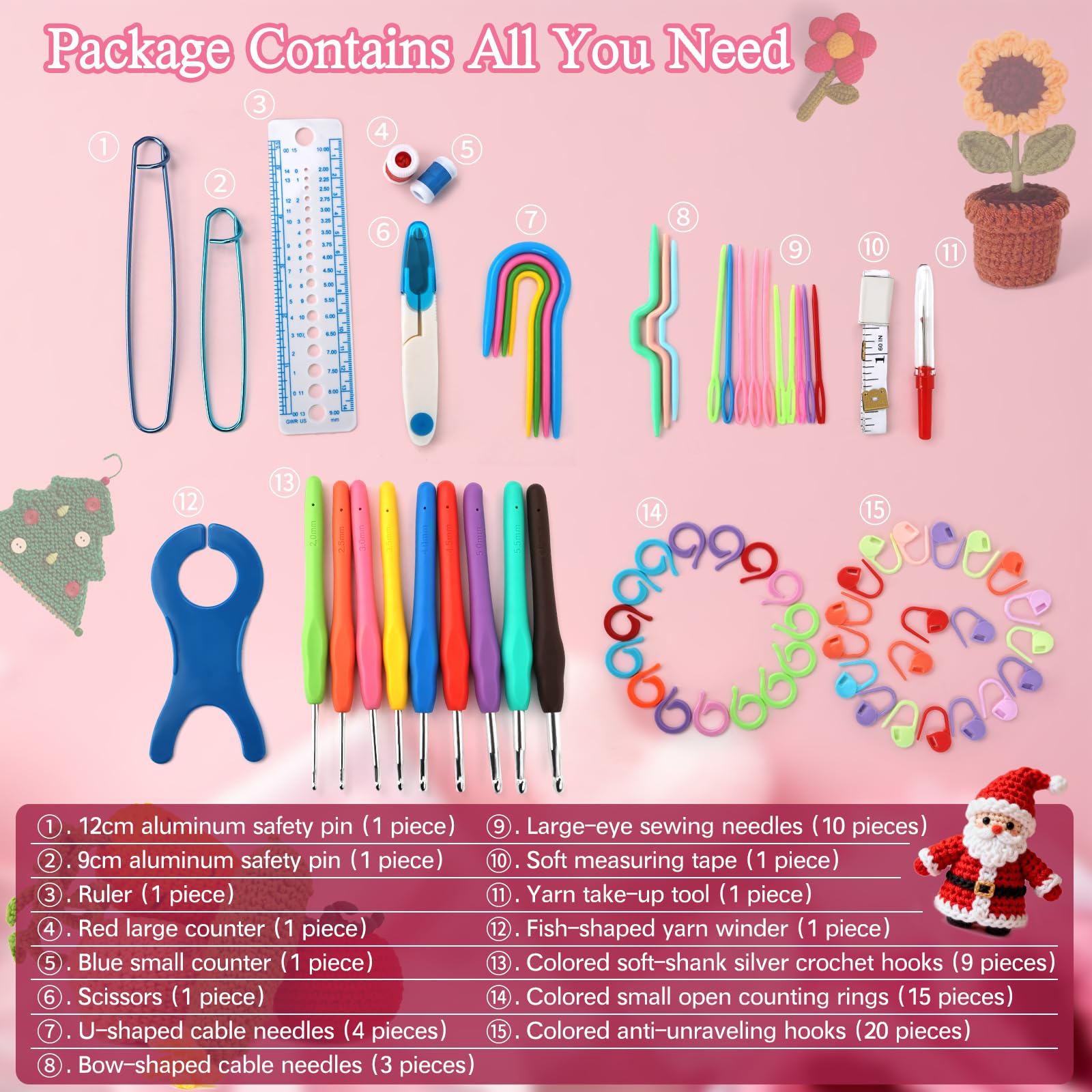 FACIACC Set di 91 uncinetti per principianti, 20 lana, set di uncinetti portatili, con istruzioni, custodia impermeabile, 2 mm - 8 mm, uncinetti ergonomici e accessori all'uncinetto, rosa