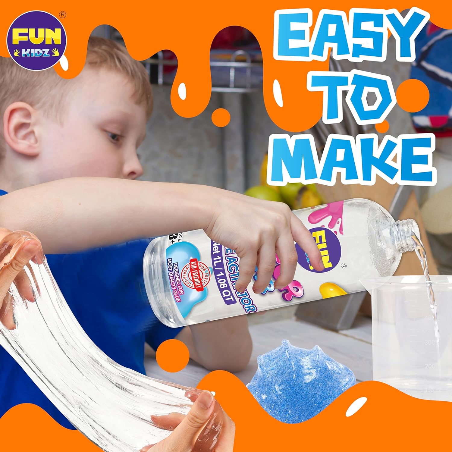 1.06QT Super Clear Slime Activator 34OZ Solution with Plastic Measuring Cup, FunKidz 1L Fine Formulation Work with All Types Slime Glue Washable Non-Toxic Kids Friendly Ingredients