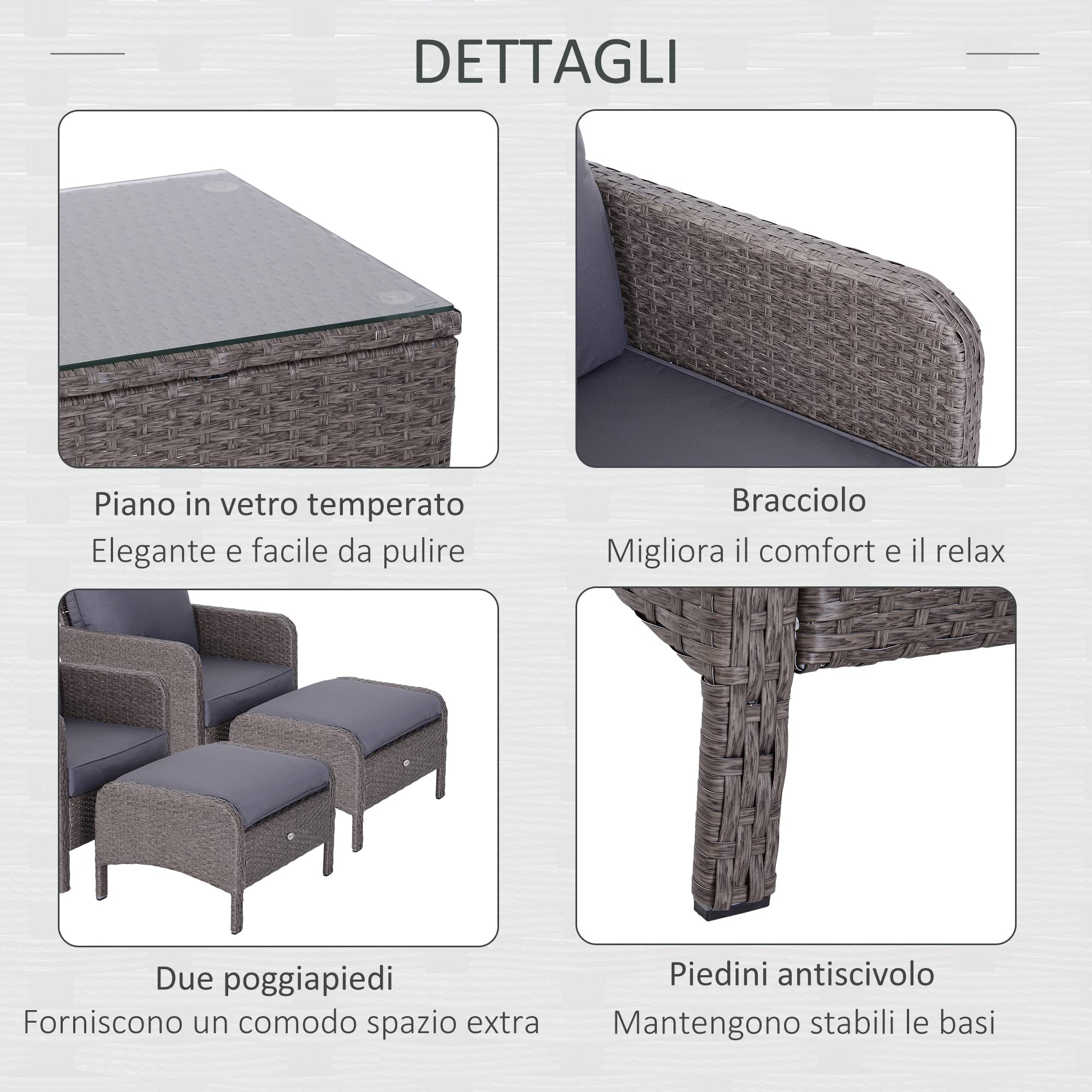 Outsunny Set Mobili da Giardino 2 Poltrone 2 Poggiapiedi 1 Tavolino in Vetro Temperato Rattan Grigio