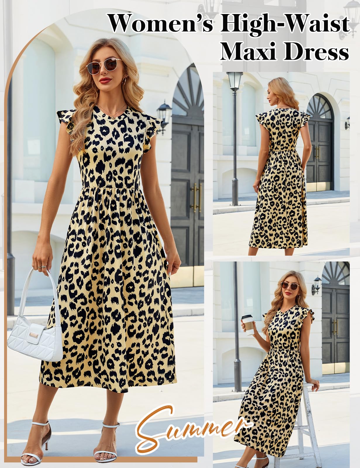 HEEKPEK Abito Estivo Donna Eleganti Chic Lungo Vestiti Scollo a Rotondo Maniche Ruffles Casual Stampa Vestito Abiti Boho Mare Spiaggia con Tasca