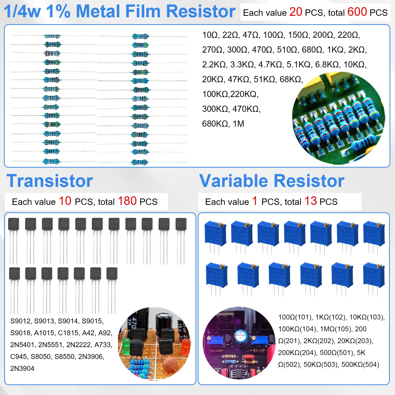 Assortimento di 1780 componenti elettronici con resistenza a strato metallico, condensatore, diodi, diodi luminosi LED, kit potenziometro, transistor, circuito stampato, Summer, Triode