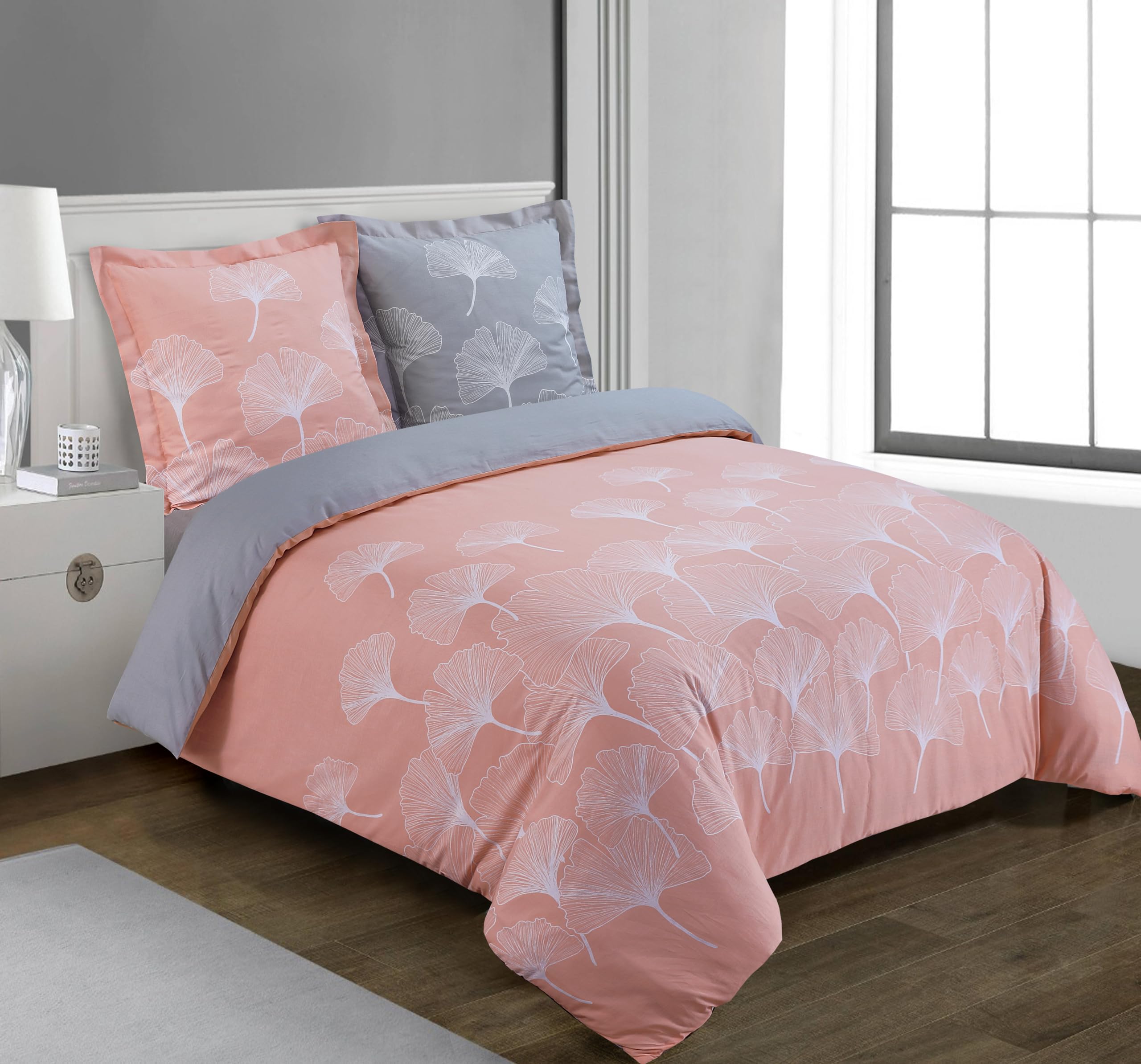 VISION - Set copripiumino reversibile Ginko Grigio – Set copripiumino 140 x 200 cm con 1 federa per cuscino per letto singolo – 100% cotone …