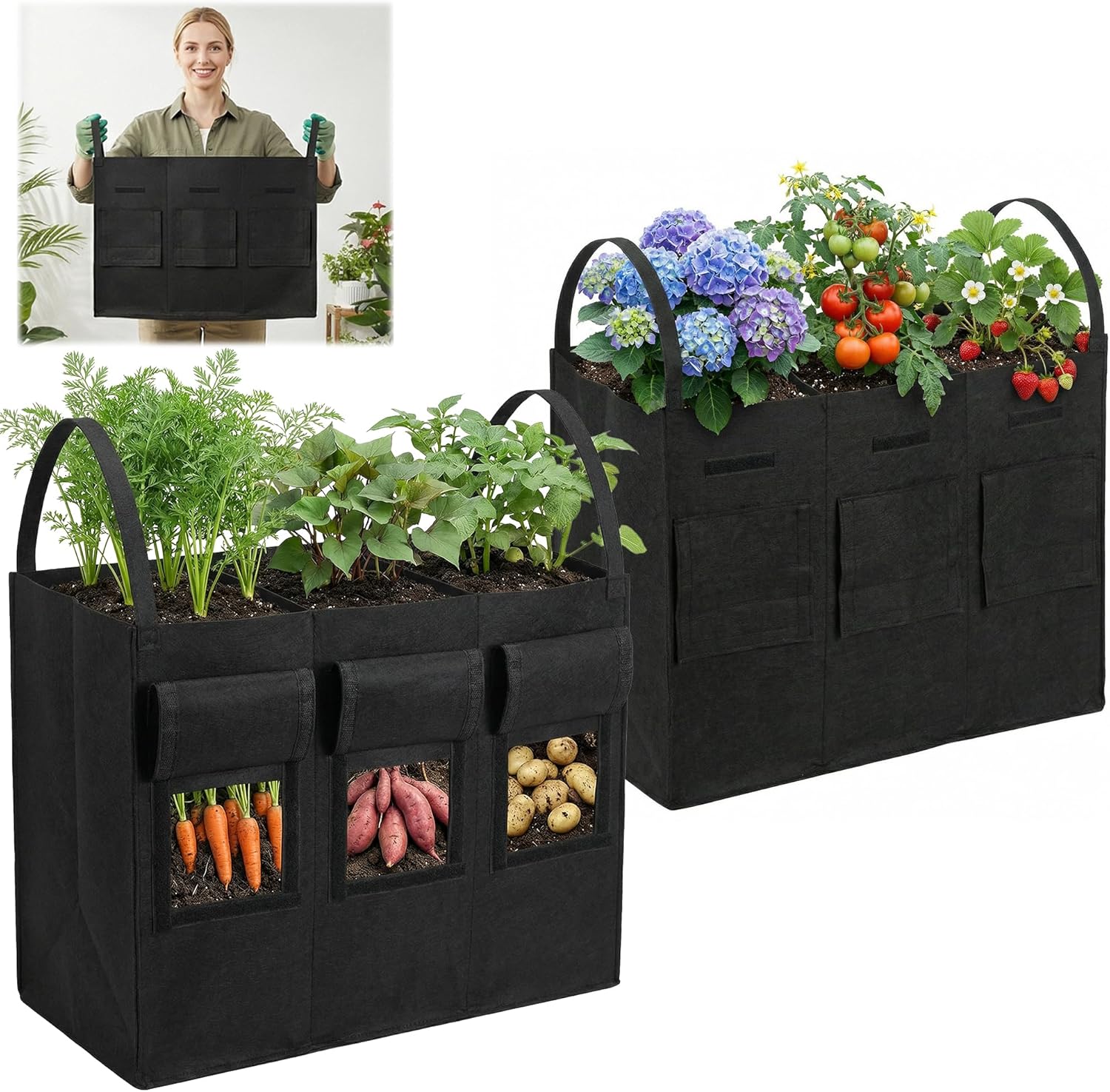 24 Gallon 2 Pack Potato Grow Bags with Visible Harvest Window & Handles, 3-Compartment Nonwoven Fabric Planters Grow Bags for Potatoes, Potato Planter for Growing Tomato, Vegetables, Flower