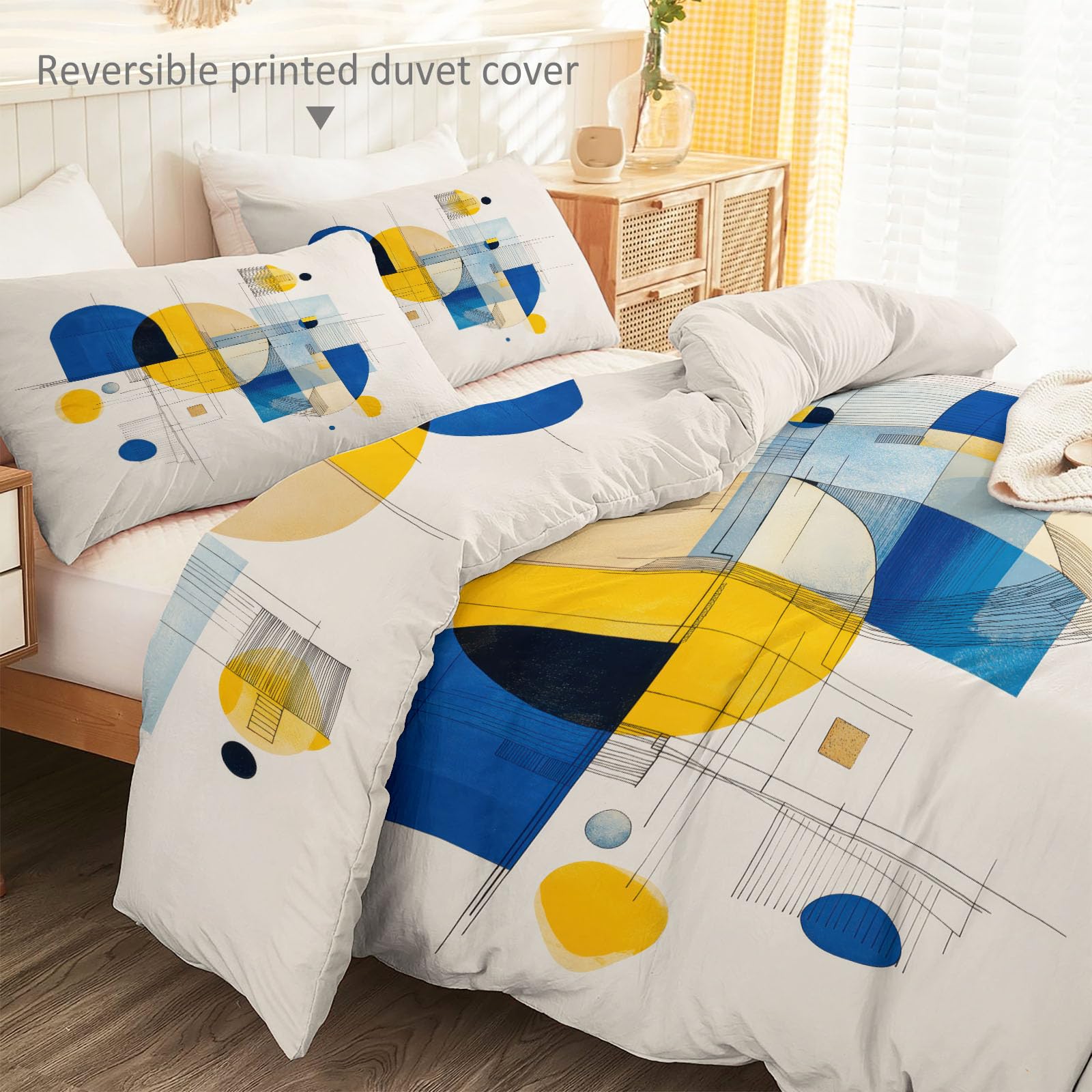 Set copripiumino bianco crema, 230 x 220 cm, traspirante, motivo geometrico astratto a blocchi di colore, in microfibra, facile da pulire, con cerniera e federe, per ragazzi
