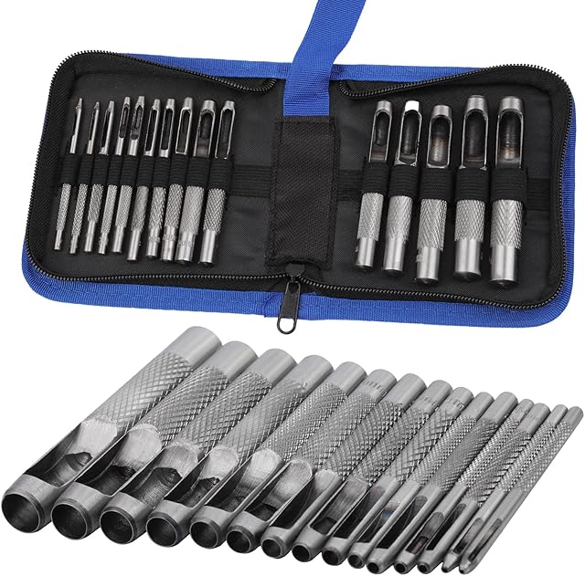 15pcs Leather Hole Punch Cutter, Leather Hole Punch Set, Leather Craft Punch Tool Round Steel Hollow Punch Set, Hollow Punch Cutter Tool for Leather, Watch Bands, Belts, Canvas, 1 mm to 11 mm