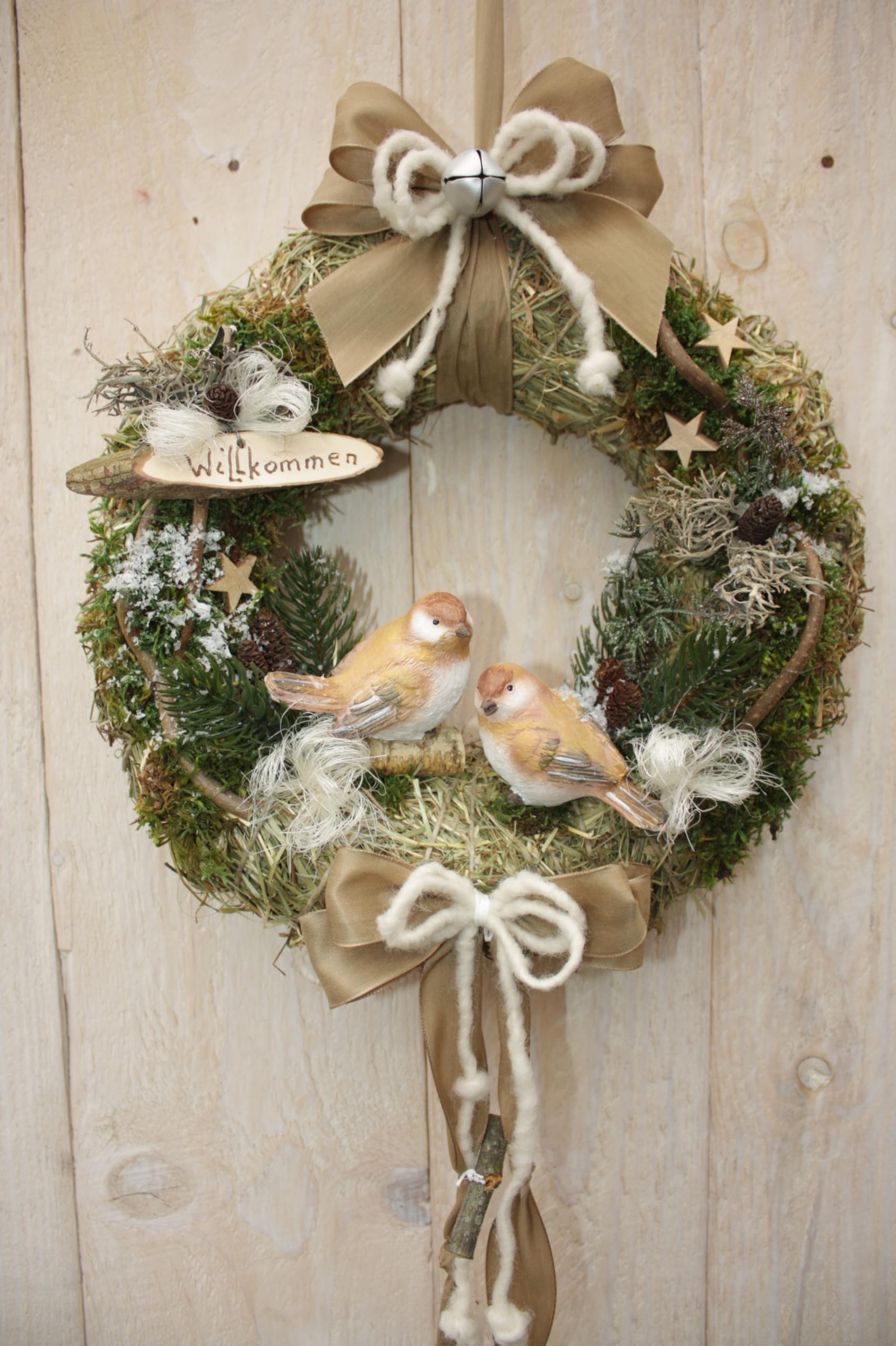Türkranz D32 cm mit Zwei Vögel beige Taupe weiß Winter