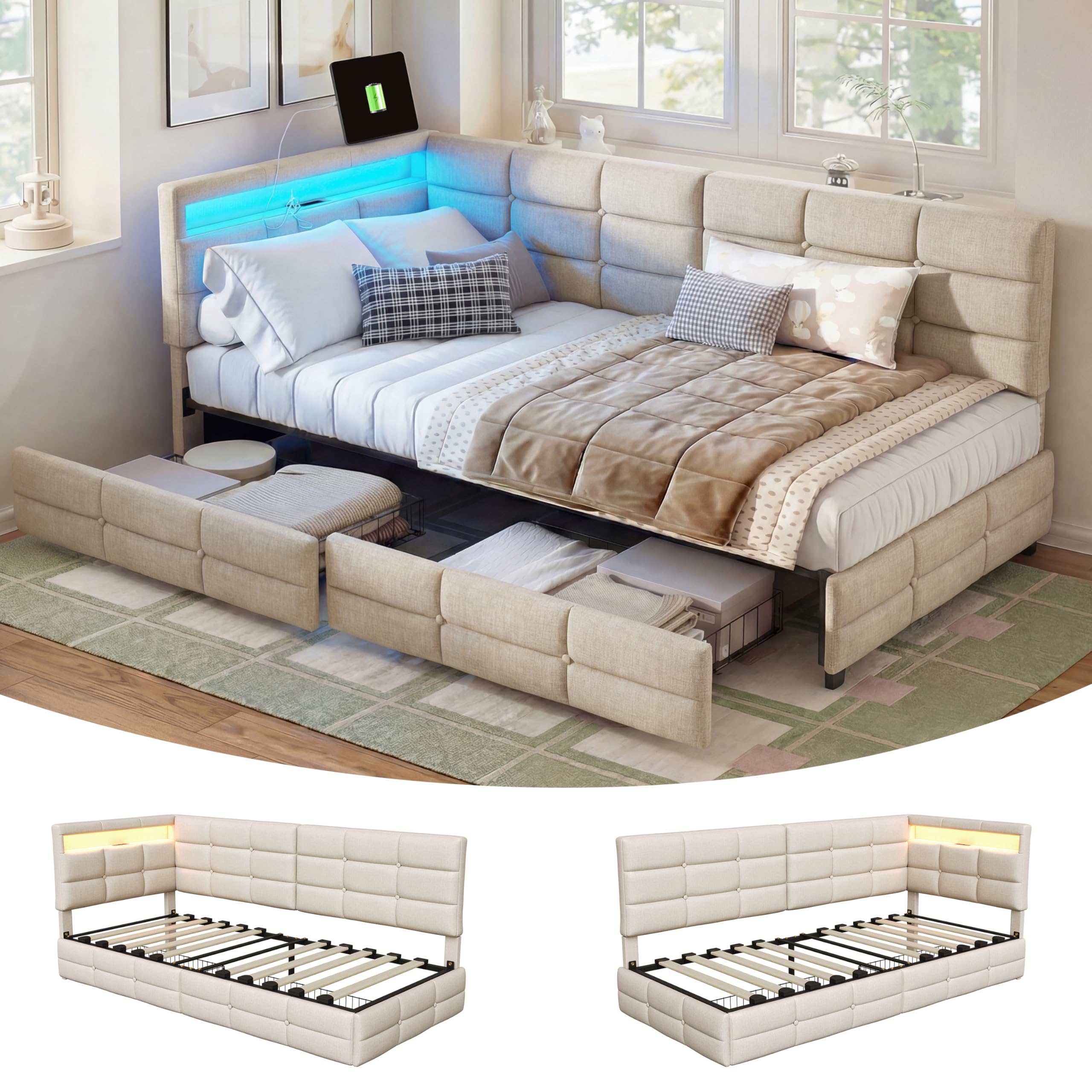 Polsterbett Schlafsofa 90x200 mit LED-Beleuchtung & USB-Ladestation, Jugendbett Tagesbett mit Stauraum & 2 Schubladen, Gästebett Bettgestell mit Lattenrost, Leinen Beige