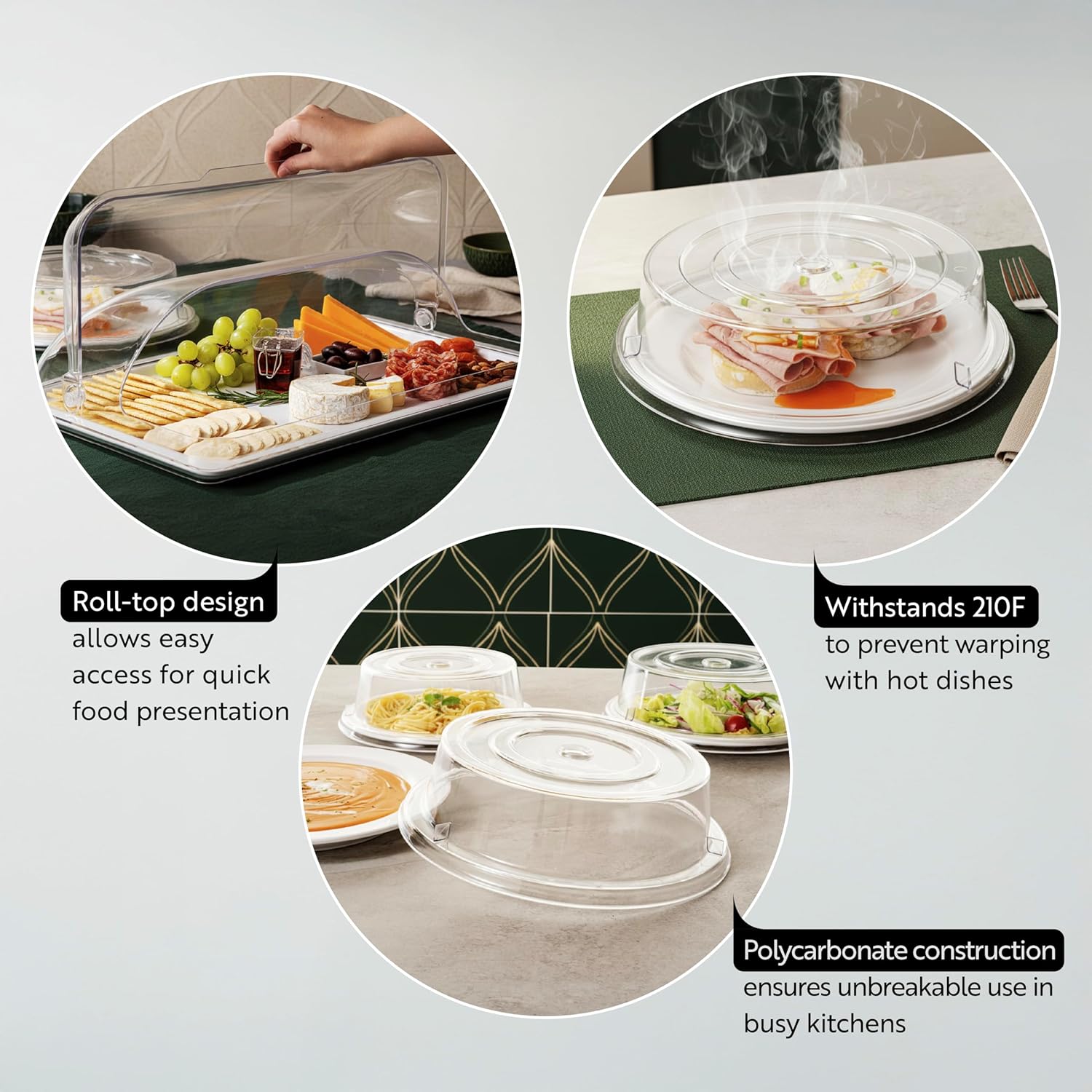 Restaurantware Cater Tek 8.5 Inch Polycarbonate Plate Covers 10 Shatterproof Dish Covers - Dishwashable For 8-Inch Plates Clear Plastic Splatter Covers Finger Hole Design Endures Up To 210F