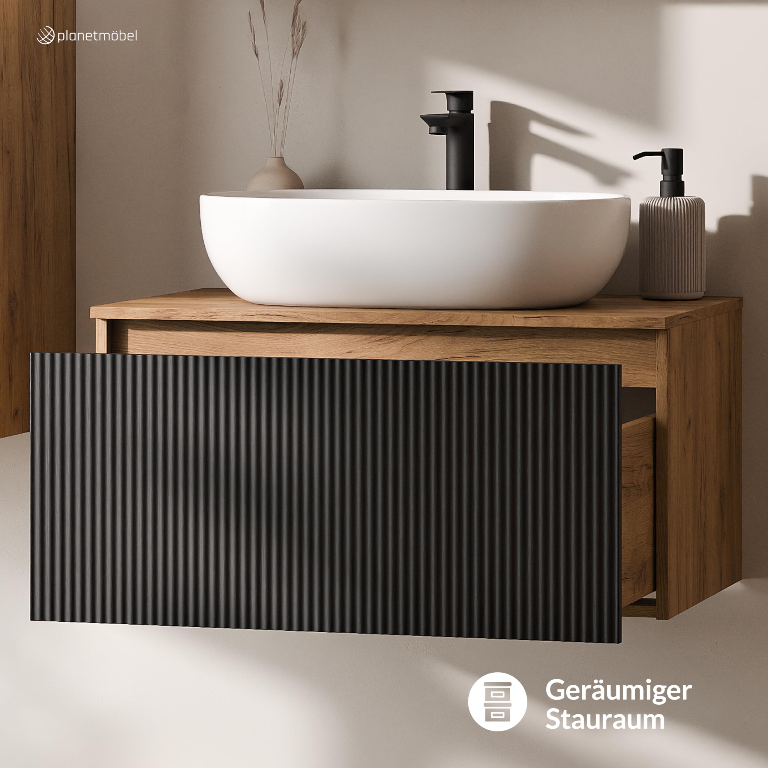 Planetmöbel Arisa Juego de muebles de baño con lavabo de 80 cm en roble dorado negro (estriado), lavabo de 60 cm en blanco, con sifón de ahorro de espacio