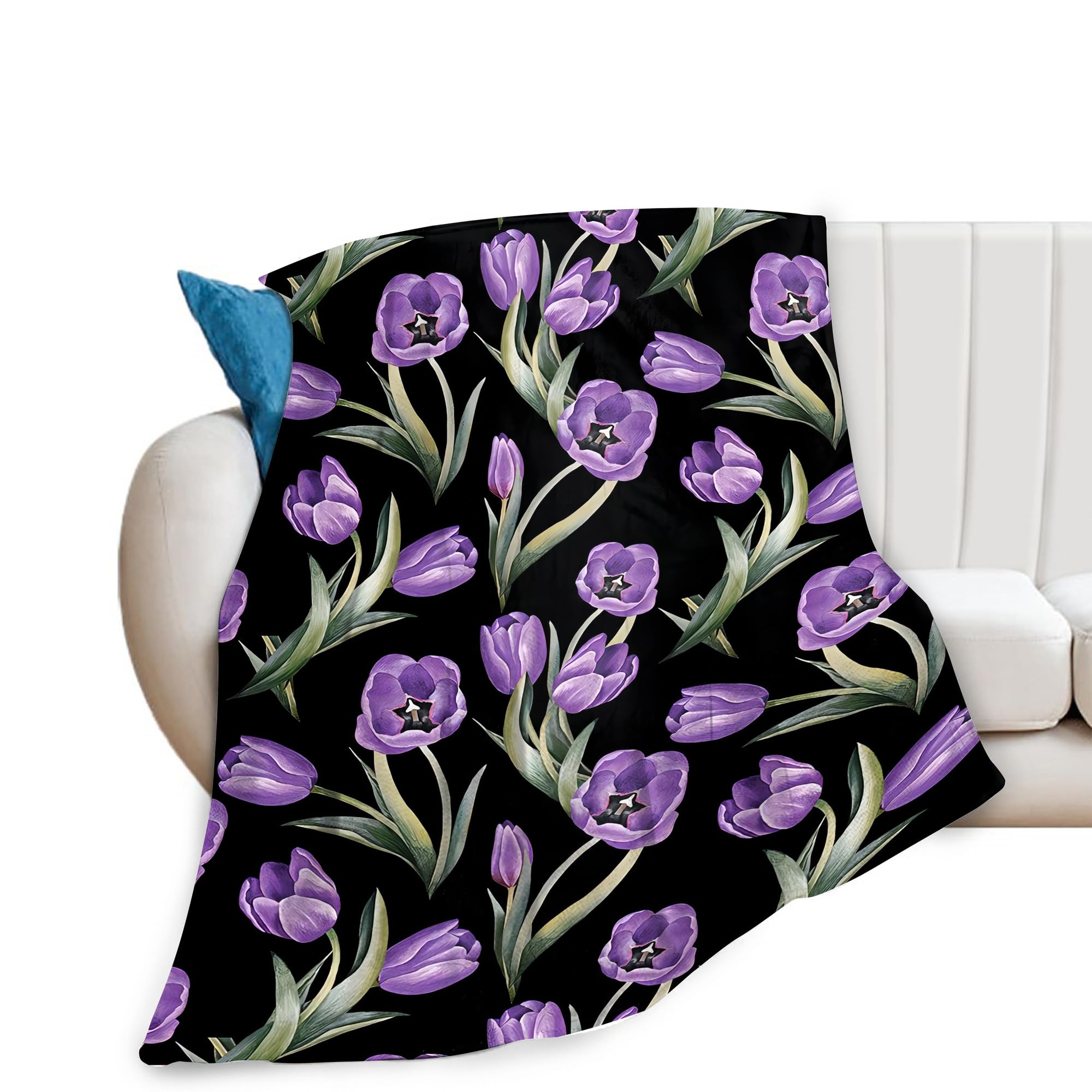 Purple Tulip Blanket Flower Gifts for Girls Women Tulip Floral Throw Blanket for Kids Adults Soft Warm Cozy Fleece Blanket for Couch Sofa ​Bed 40"x50"