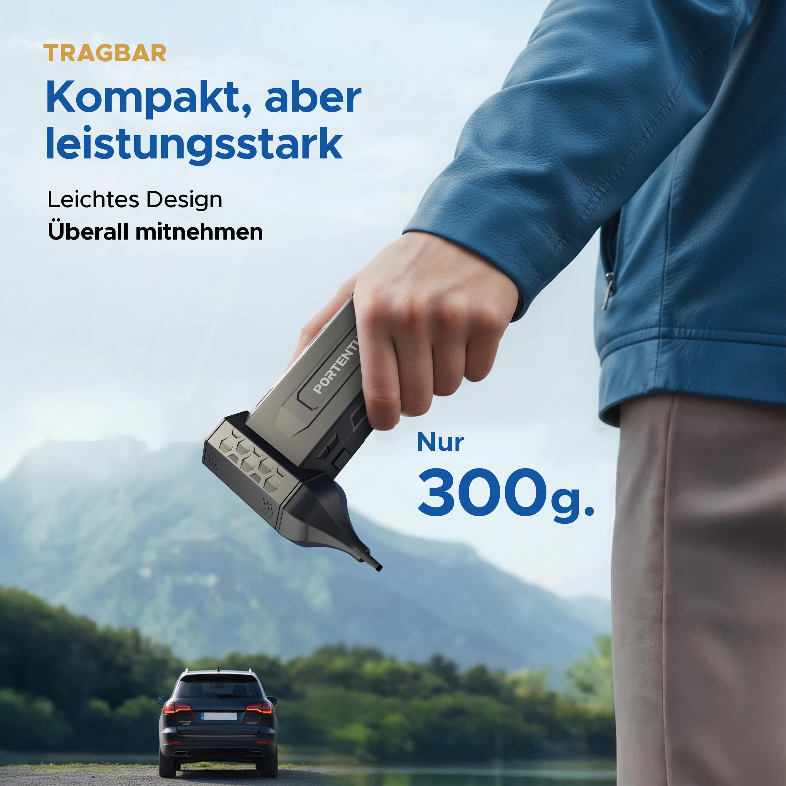 PORTENTUM 3 in 1 Staubgebläse als Druckluftspray 180 km/h – Handstaubsauger Akku 25 kPa – Doppel-LED-Taschenlampe – Set aus 25 Teilen mit 6 Düsen und 13 Bürsten – Air Duster bis zu 115 Min