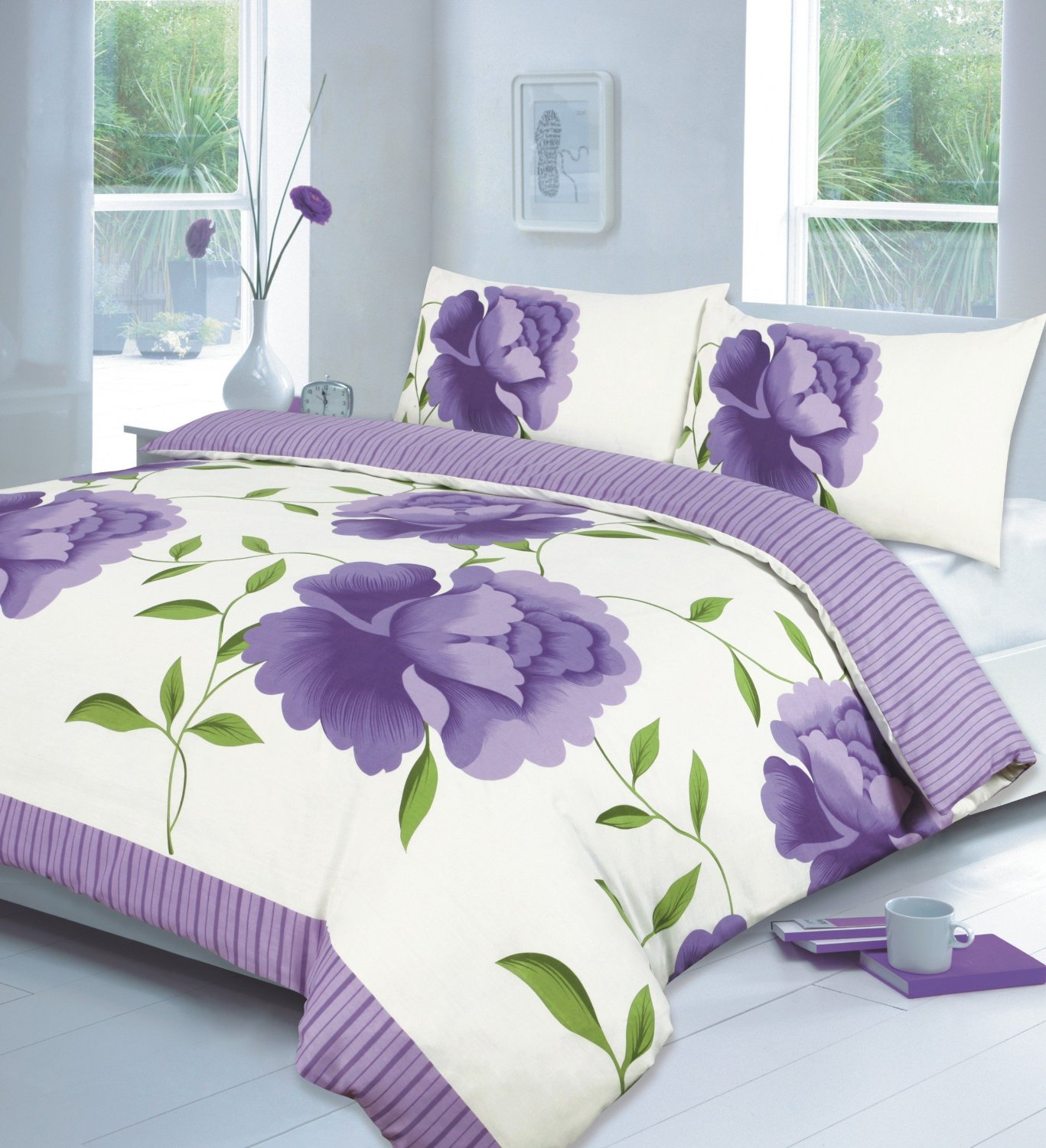 GoldStar® Rosaleen 4 Pcs Printed Floral Duvet Cover + Valance Sheet Complete Bedding Set, Single, Lilac