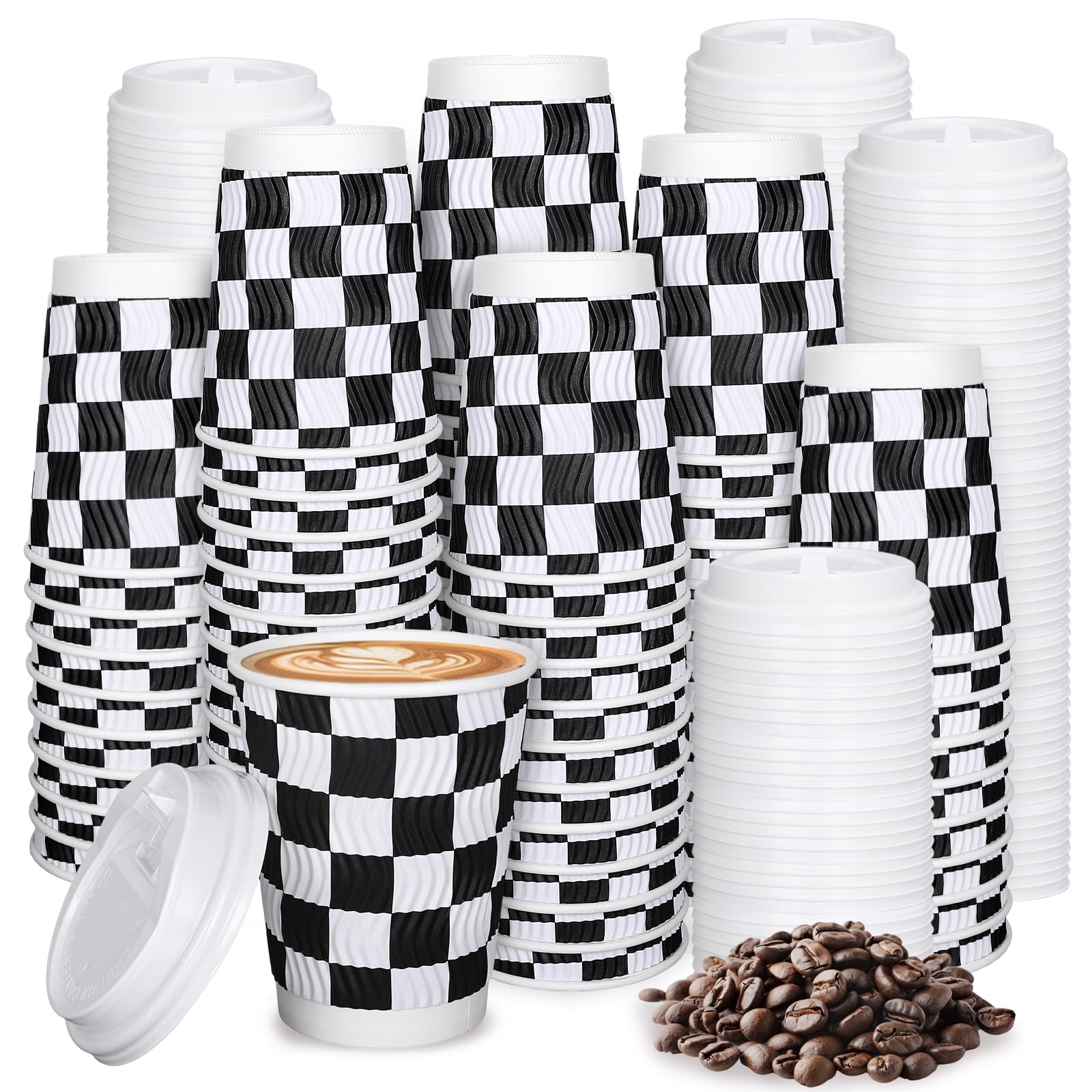 JarThenaAMCS 100 Sets 12Oz Checkered Coffee Cups with Lids Black and White Checkerboard Insulated Corrugated Ripple Wall Paper Cups for Home Racing
