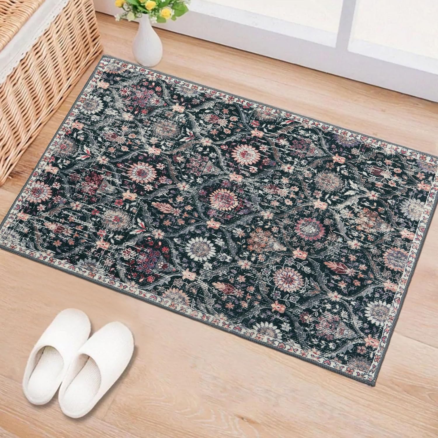 Lahome Moroccan Trellis Entryway Rugs Indoor, 2x3 Black Rug Non Slip Kitchen Rugs, Soft Ultra-Thin Indoor Door Mat Vintage Throw Rug for Bathroom Bedroom Kitchen Laundry (Black/Multi,2x3ft) 04-black/Multi 2'x3'