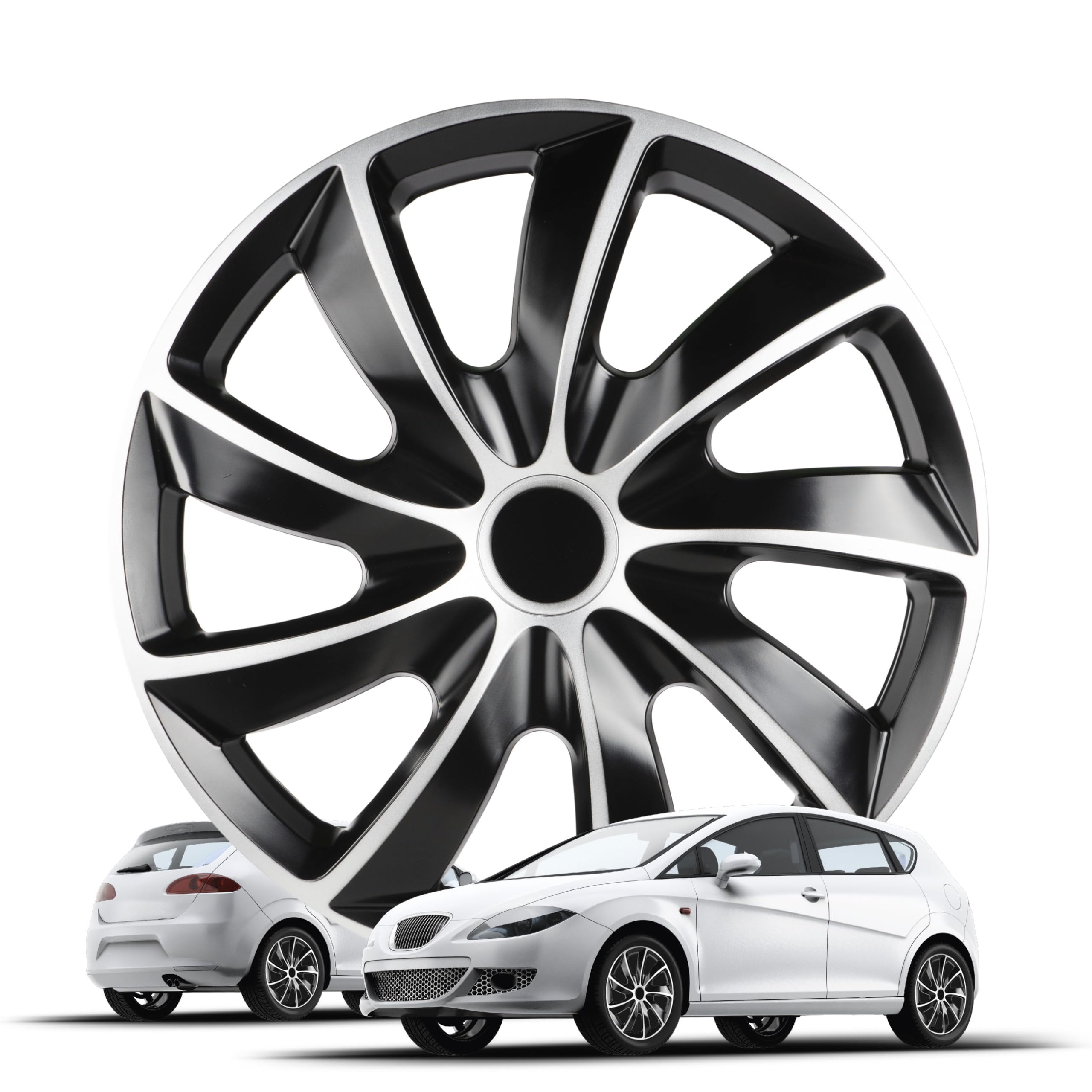 Walser Kołpaki premium Aero Bicolor, 4-częściowy zestaw kołpaków, bardzo dobre *, kołpaki ozdobne 14 cali, kołpaki do felg aluminiowych, felg stalowych, kołpaków samochodowych, czarno-srebrne,