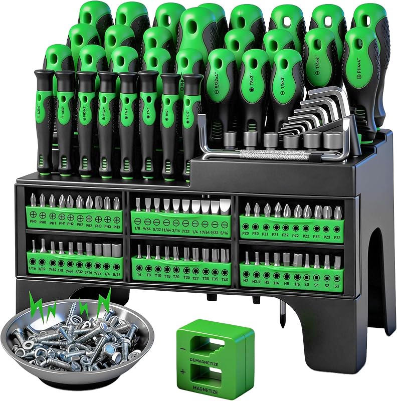 Juego de destornilladores magnéticos de 118 piezas con estantes de plástico, destornilladores de precisión, magnetizador, desmagnetizador, destornilladores para tuercas, mangos de trinquete, llaves Allen, casquillos y más: herramientas de bricolaje y regalo para hombres