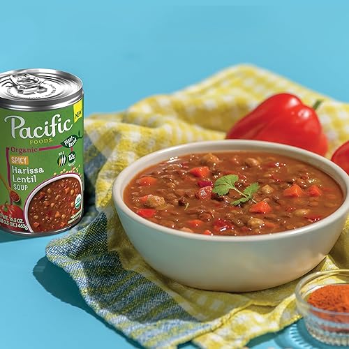 Miniatura 6 de Pacific Foods Sopa de lentejas Harissa picante orgánica, a base de plantas, lata de 16.3 onzas