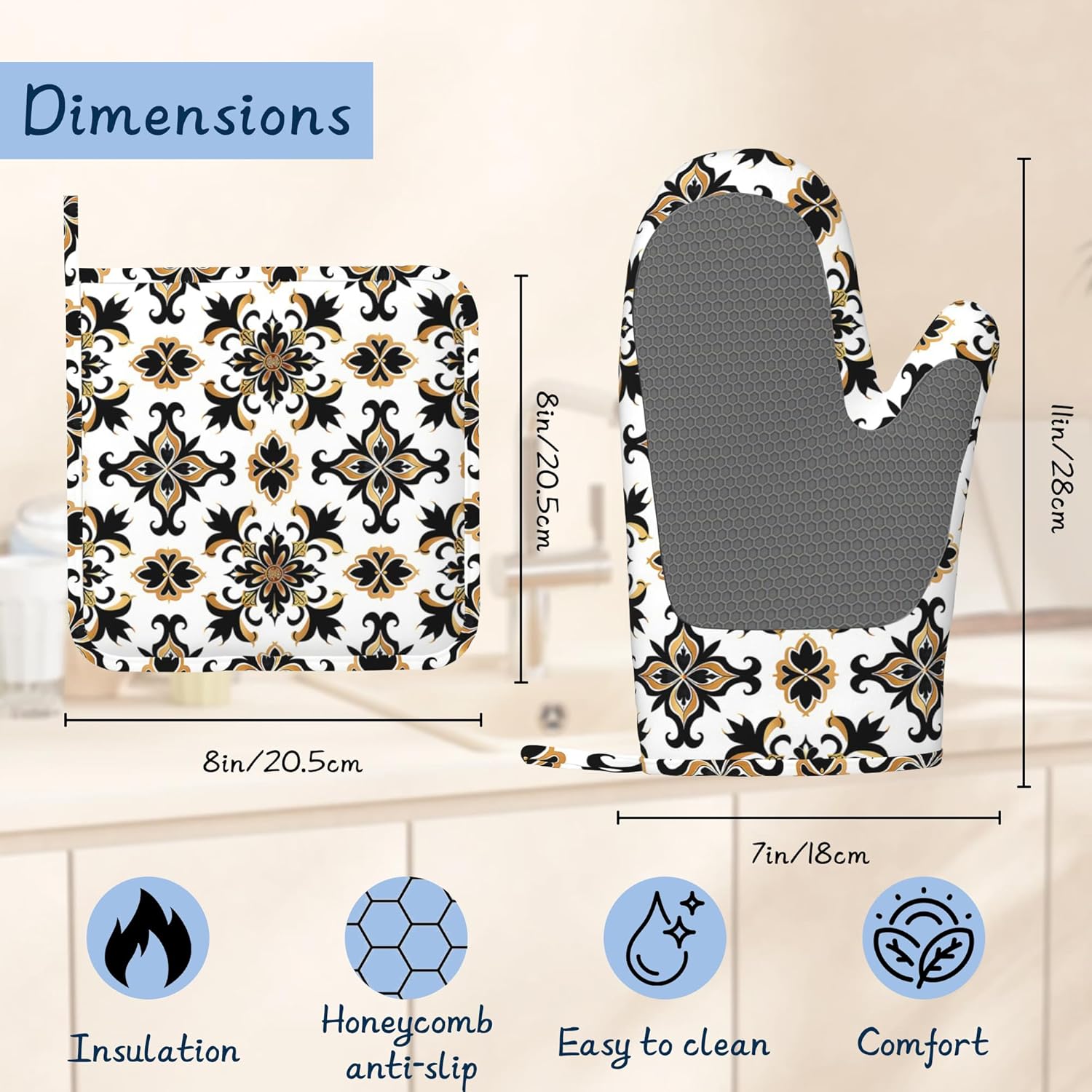 Heat Resistant Pot Holders and Oven Mitts,Retro Pattern Extra Long Kitchen Oven Mitt Set,Vintage Cotton Lining Anti-Slip Waterproof Kitchen Mittens Hot Pan Holder for Baking Cooking Grilling