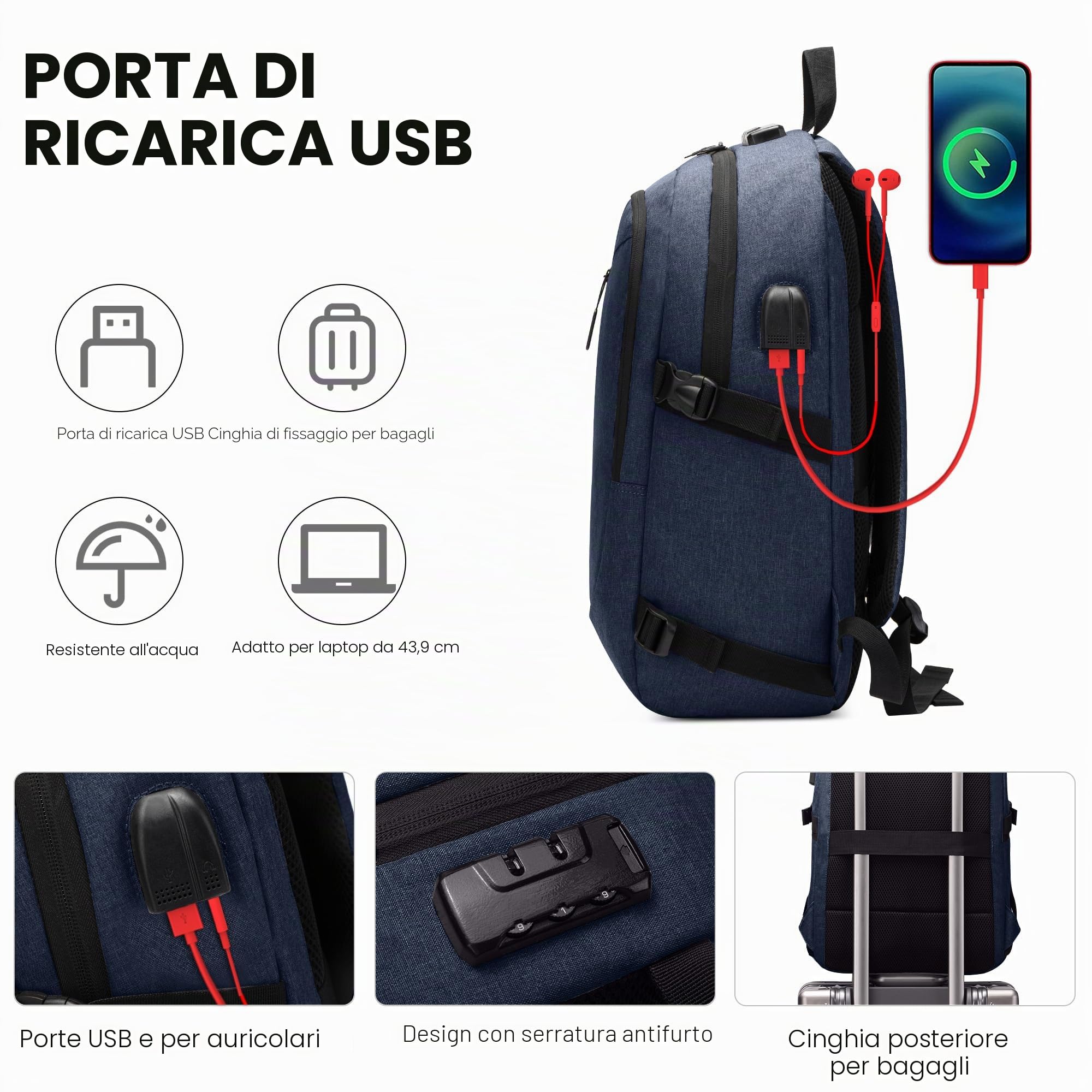 Uomo Zaino Antifurto Impermeabile per 17.3 Pollici PC Portatile con Caricatore USB Grande Capacità Zaino Lavoro Scuola Viaggio Ufficio Vacanza Uomo Università Backpack Blu