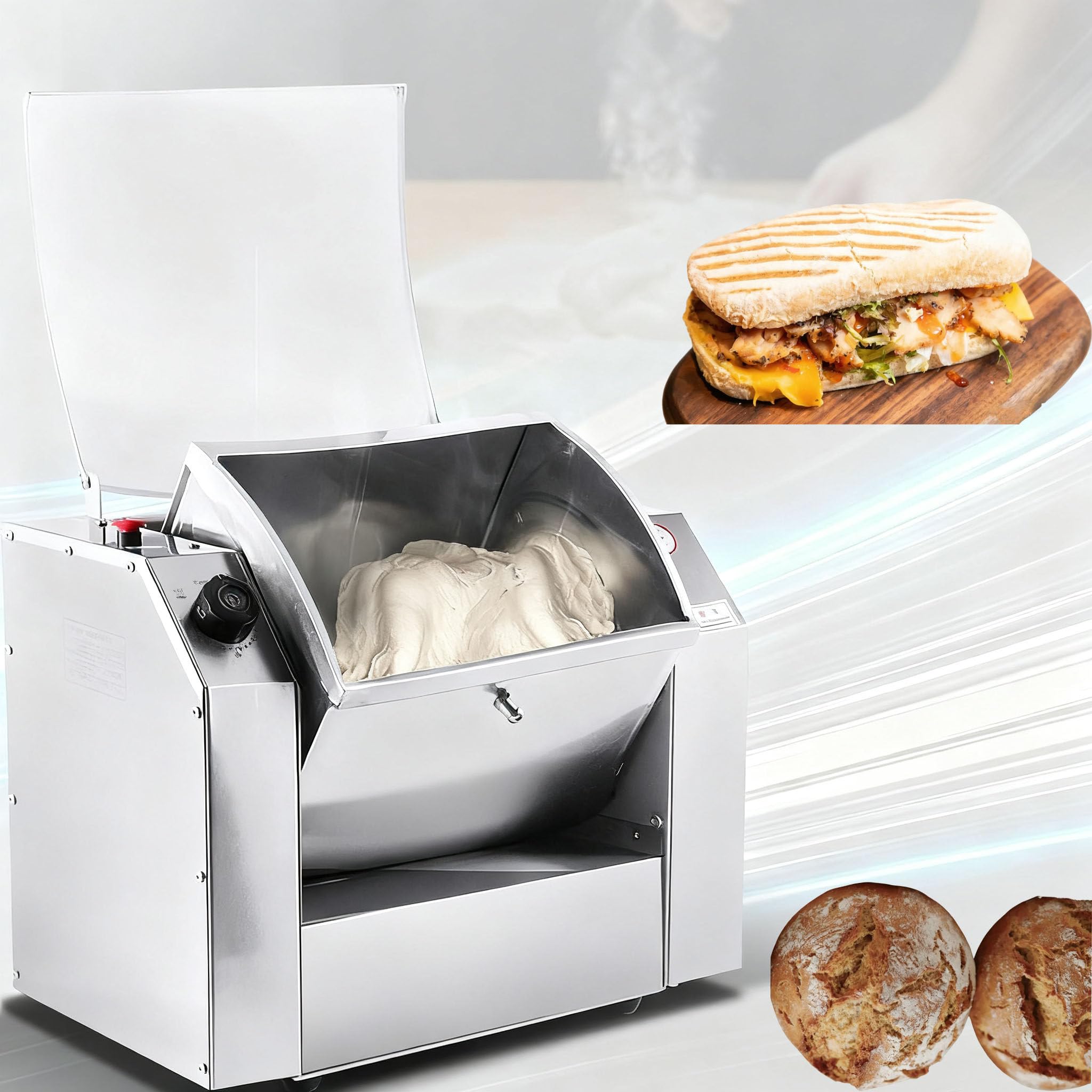 1100w/1500w Miscelatore di Pasta Commerciale,Impastatrice a Spirale Elettrica,Robusta in Acciaio Inox con Funzione di Temporizzazione,per Impasti di Pizza,Pane E Pasta 7KG