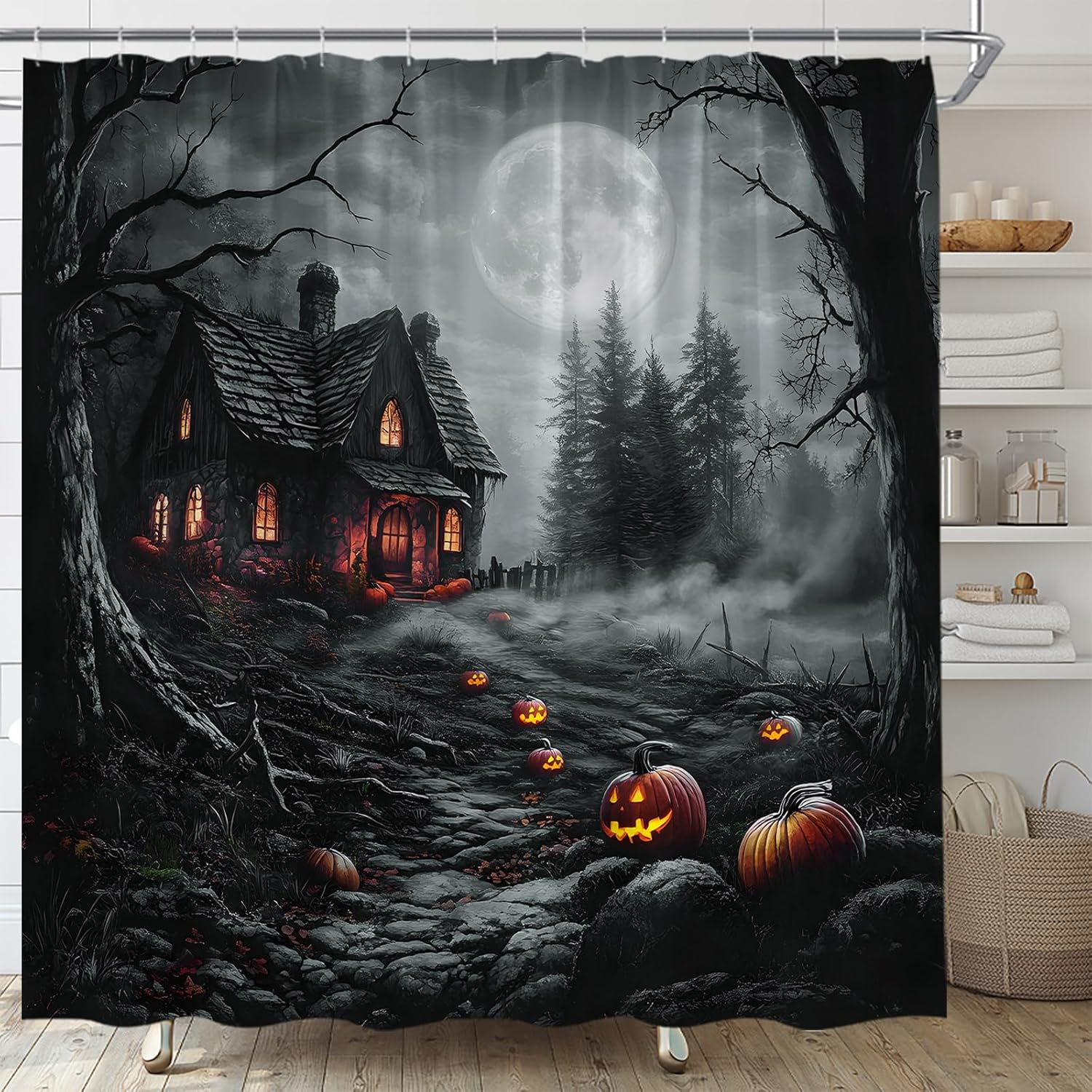 AMFD Spooky Halloween Shower Curtain Scary Night Horror Castle Full Moon Dead Tree Forest Pumpkin Gothic Holiday Ambience Bathroom Curtains Decor Fabric Set Include Hooks,(70" Wx84 H)