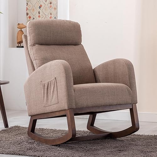 Mecedora moderna, tapizada para guardería, cómoda silla con bolsillo lateral para sala de estar (beige)