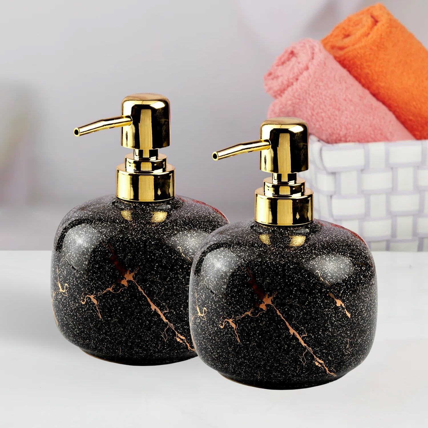 Ceramic Soap Dispenser for Bathroom handwash, refillable Pump Bottle for Kitchen Hand wash Basin, Set of 2, Black (11009)
