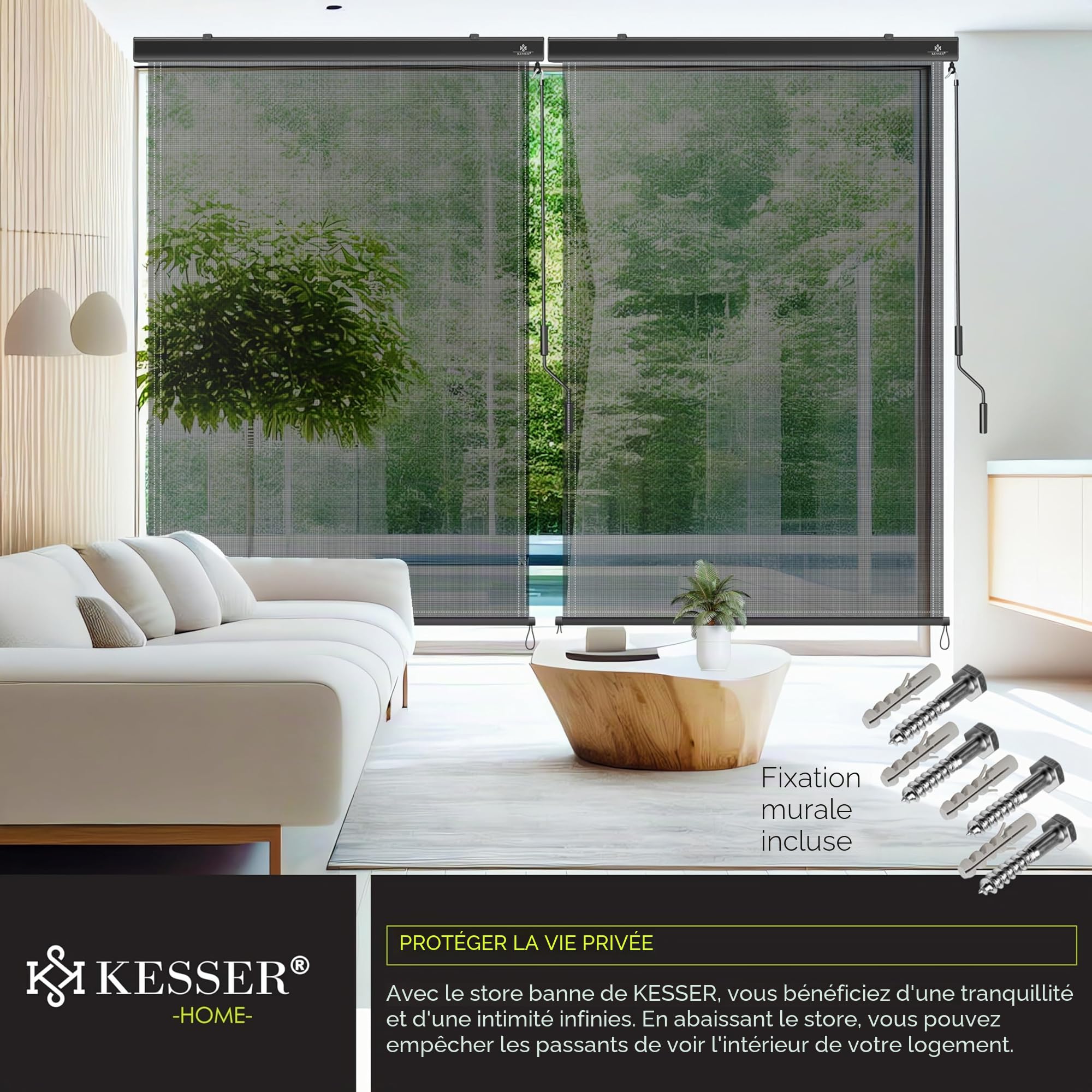 KESSER® store vertical 140 x 250 cm - Mécanisme à manivelle - Balcon - Protection solaire et brise-vue - Manivelle - Caisson pour balcon et terrasse - Kit de