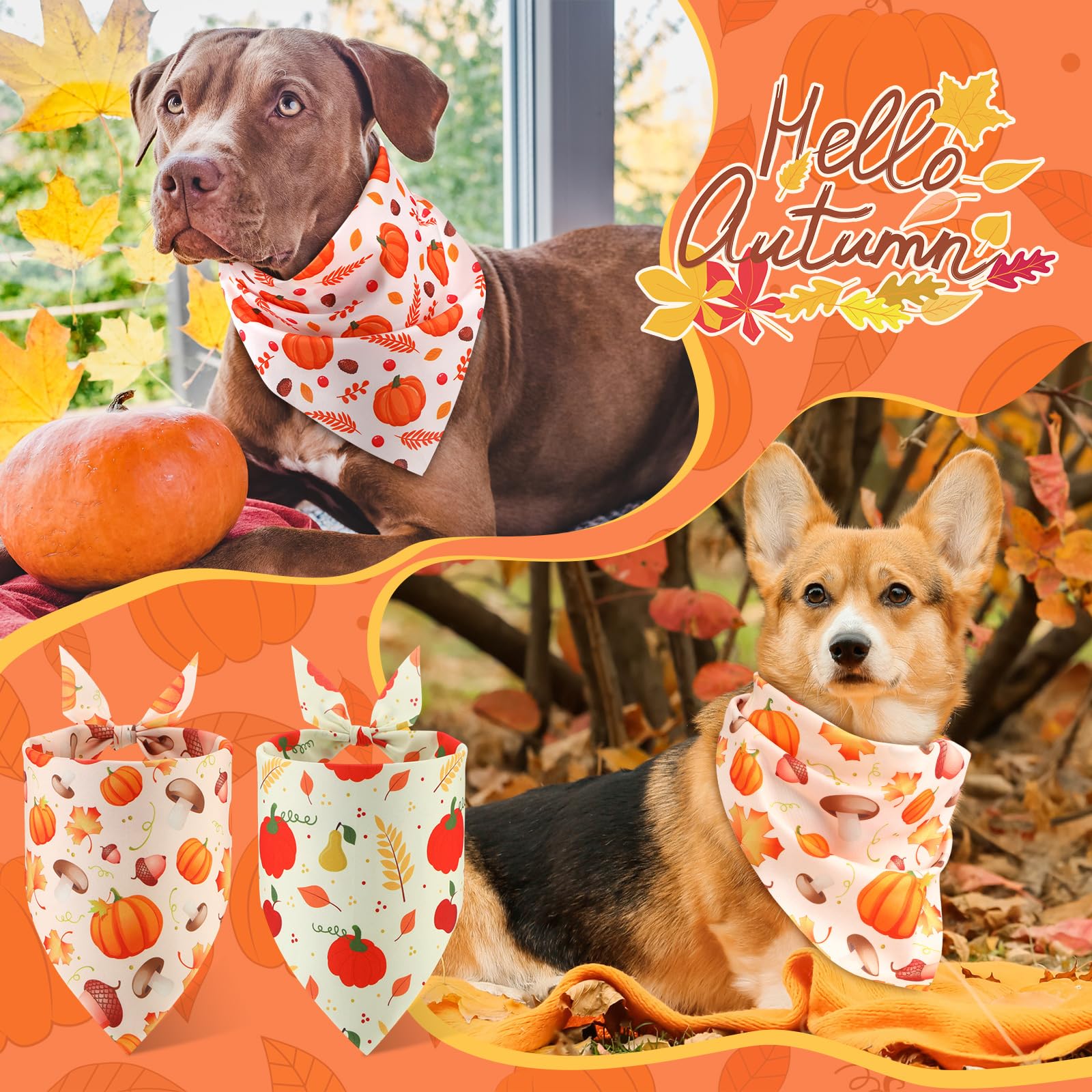 Chunful Lot de 100 bandanas d'automne pour chien en vrac avec motifs citrouille, écharpe triangulaire, bavette, foulard, pour petit et grand chien, accessoires de costume de Thanksgiving (80 x 55 x 55