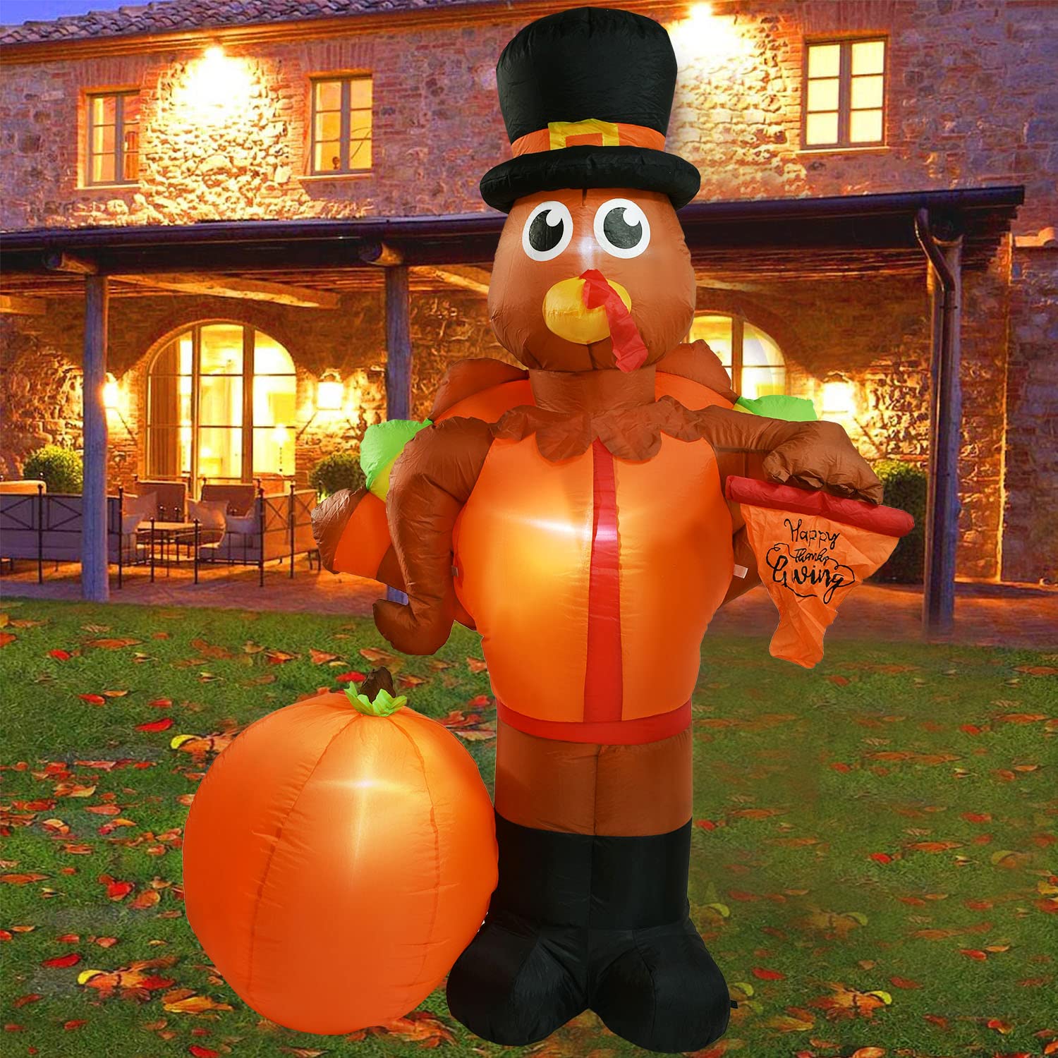 YQing 200cm Giant Thanksgivings Inflatable Turkey with Pilgrims Hat, Inflatable Thanksgiving Turkey Holding Thanks Give Flag with Inflatable Pumpkin Fun Autumn Holiday Harvest Blow Up