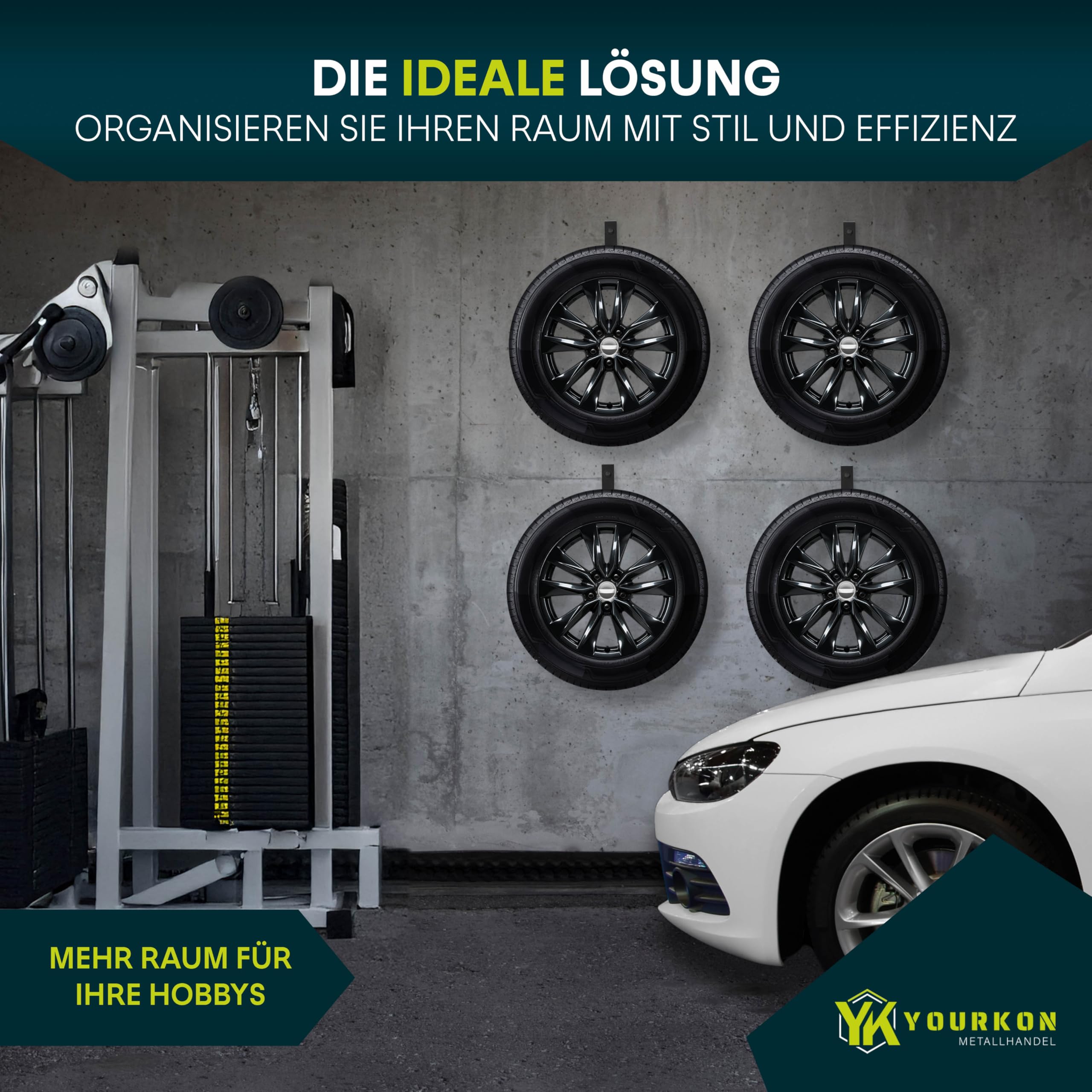 Yourkon WandFix: Reifen- und Felgenhalter 4er Set Platzsparende Wandhalterung für Reifen Tragfähigkeit bis 25KG inklusive Montagematerial