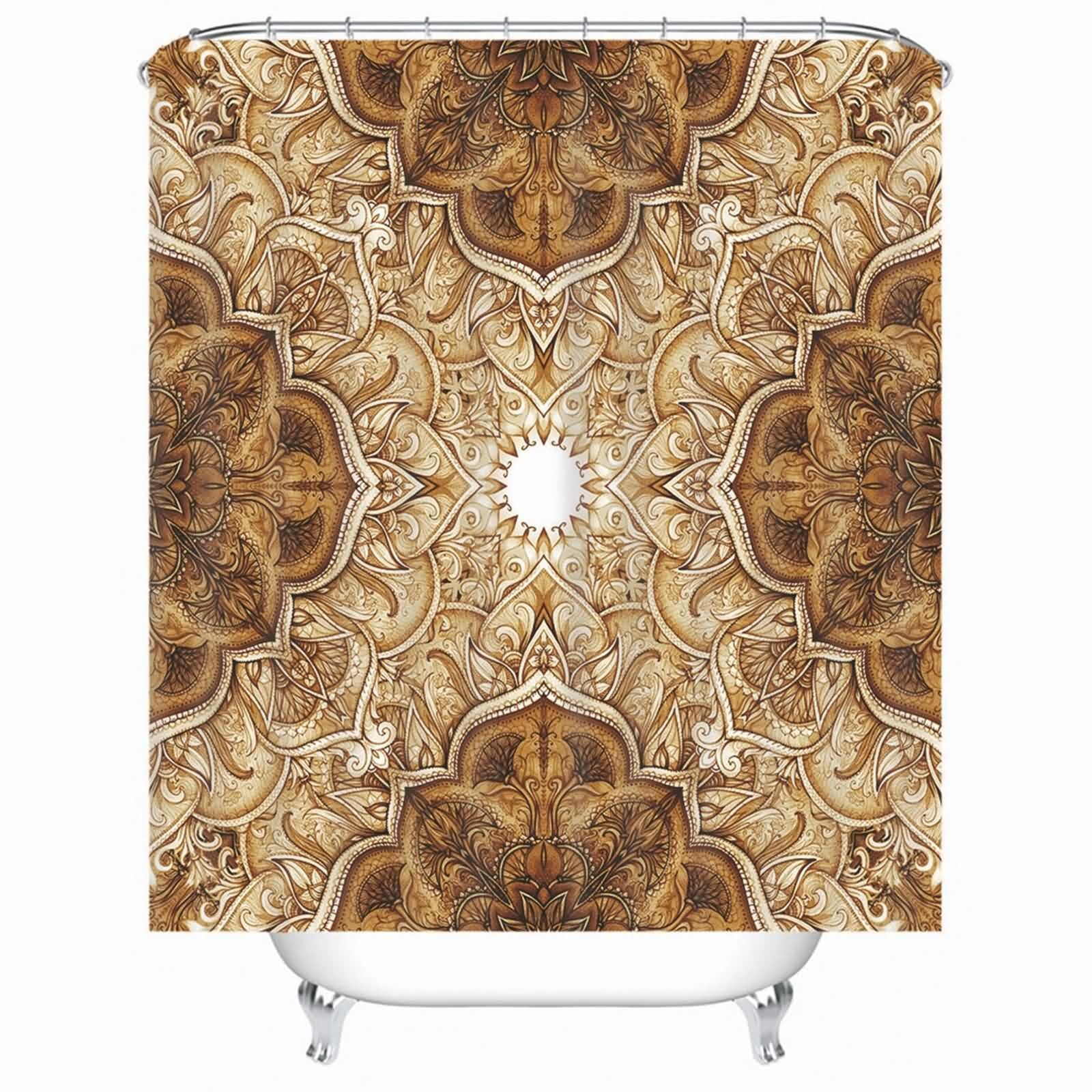Rideau de douche pour baignoire en tissu polyester marron floral avec anneaux inclus