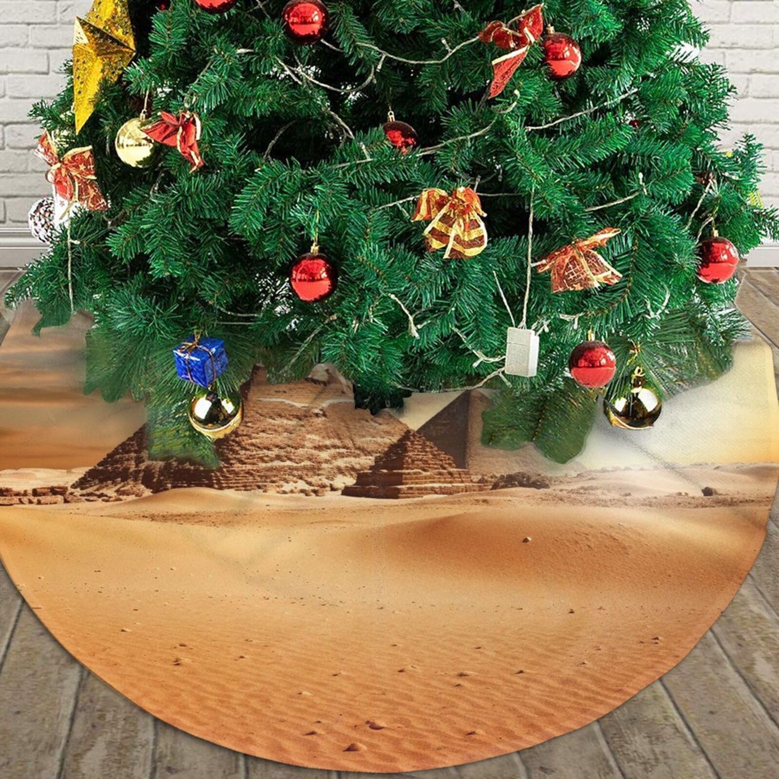 Egyptian Pyramid in Desert Christmas Tree Skirt 48" Plush Soft Artificial Tree Mat Cover Merry Christmas Xmas Tree Skirt for Christmas Decoration Holiday Indoor Outdoor Winter Party Decor