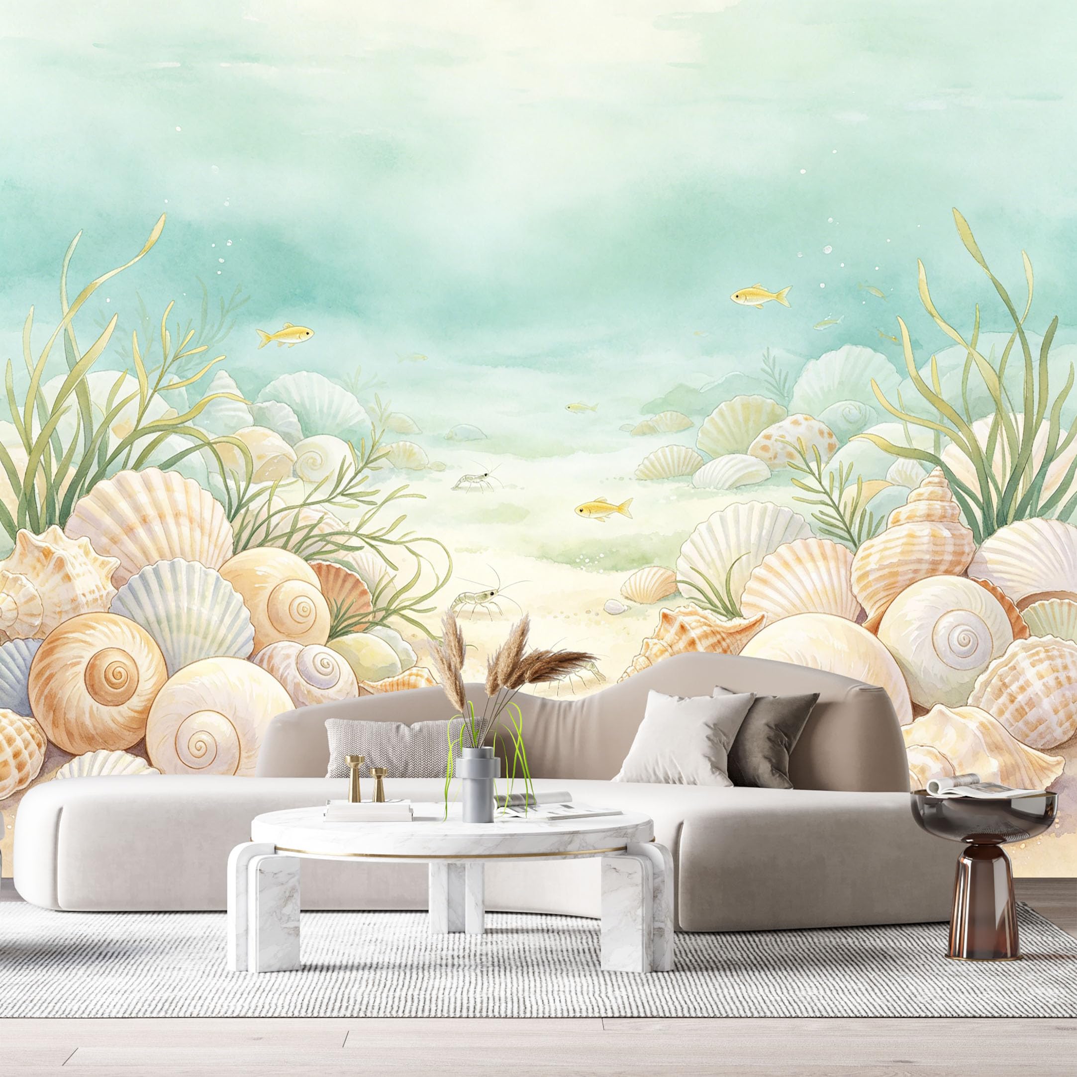 Custom Size Wall Murals Coastal Ocean Watercolor Seashells Marine Life SelfAdhesiveWall Fabric Removable Wallpaper Wall Decor for Living Room Bedroom Bathroom