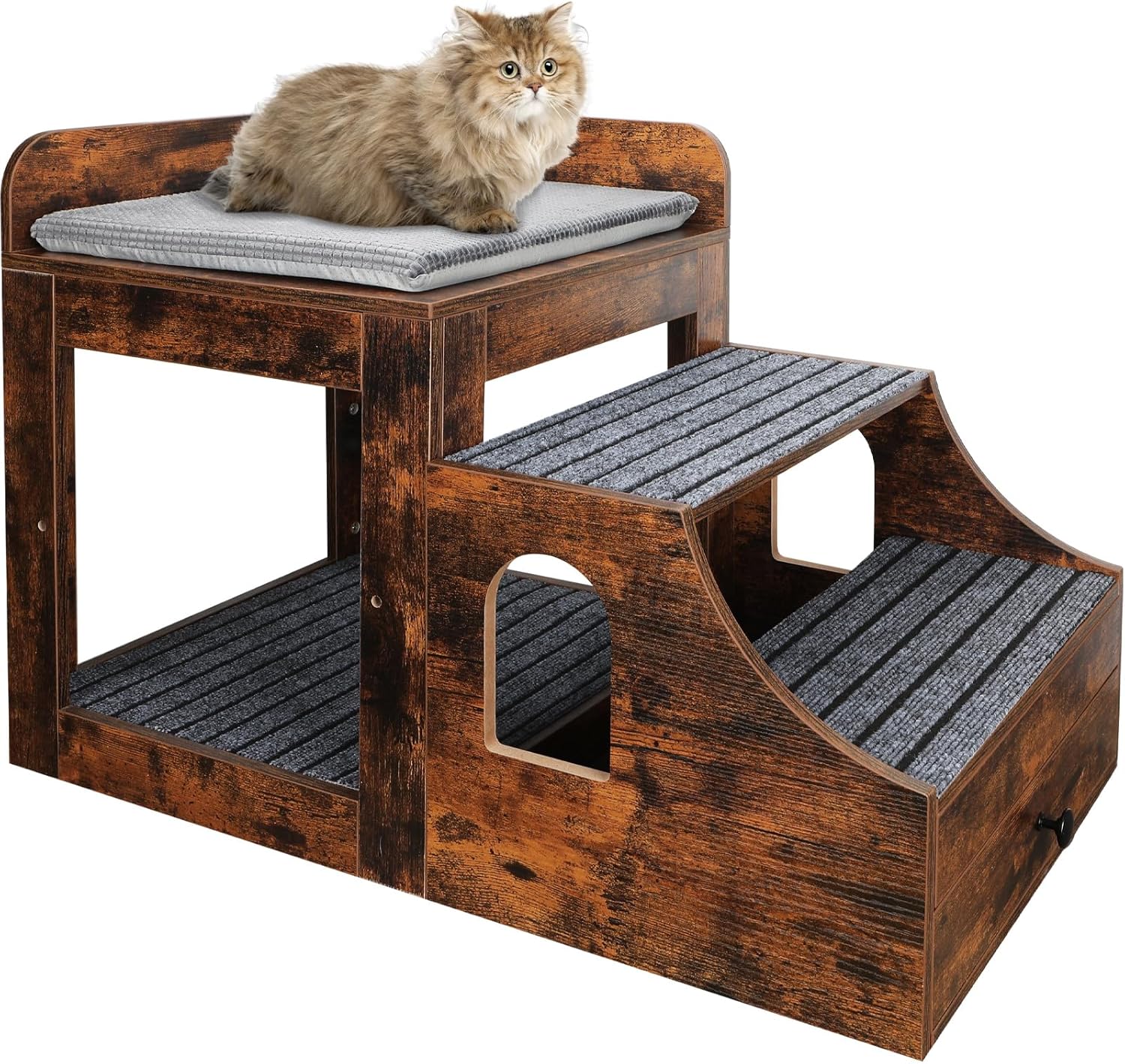 Cat Window Perch with Removable Stairs, Large Pet Bunk Bed with Drawer and Cushion for Cats and Dogs, Strong Frame Pet Bed for Bedside, Home, Indoor, Rustic Brown