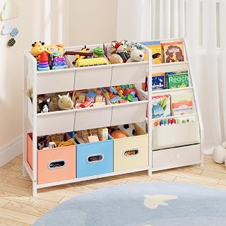 HAVLOTII Montessori Kids Bookshelf Toy Organizer with 10 Bins & 3-Tier Display - Playroom Storage for Toddlers & Babies