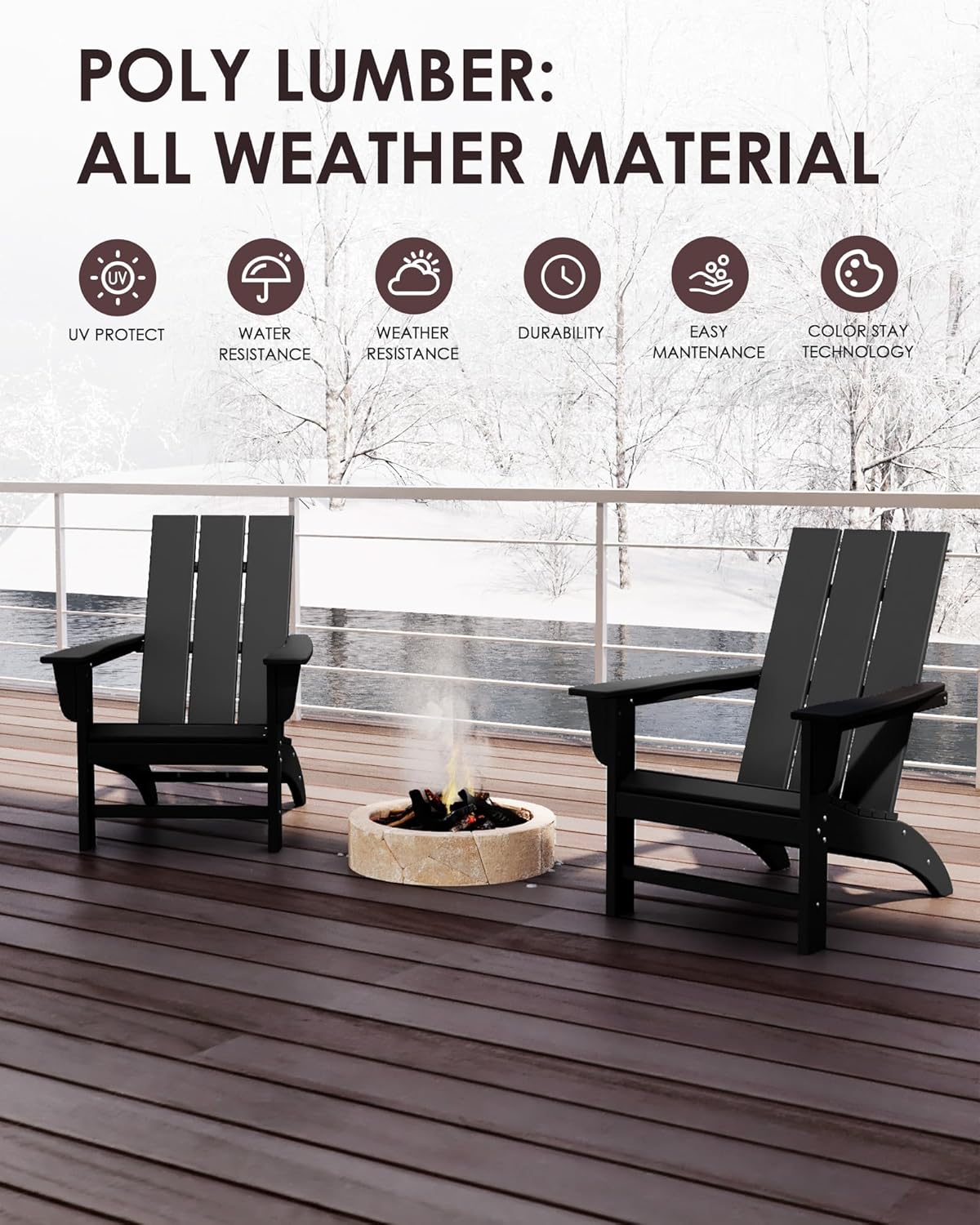 Poly Lumber Adirondack Chair, All-Weather Resistant Outdoor Patio Chairs, Look Like Wood, Pre-Assembled Outdoor Fire Pit Chair for Pool, Deck, Backyard, Garden, Black