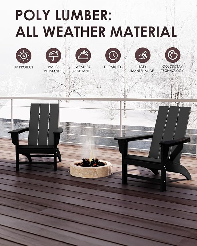 Poly Lumber Adirondack Chair, All-Weather Resistant Outdoor Patio Chairs, Look Like Wood, Pre-Assembled Outdoor Fire Pit Chair for Pool, Deck, Backyard, Garden, Black image 4