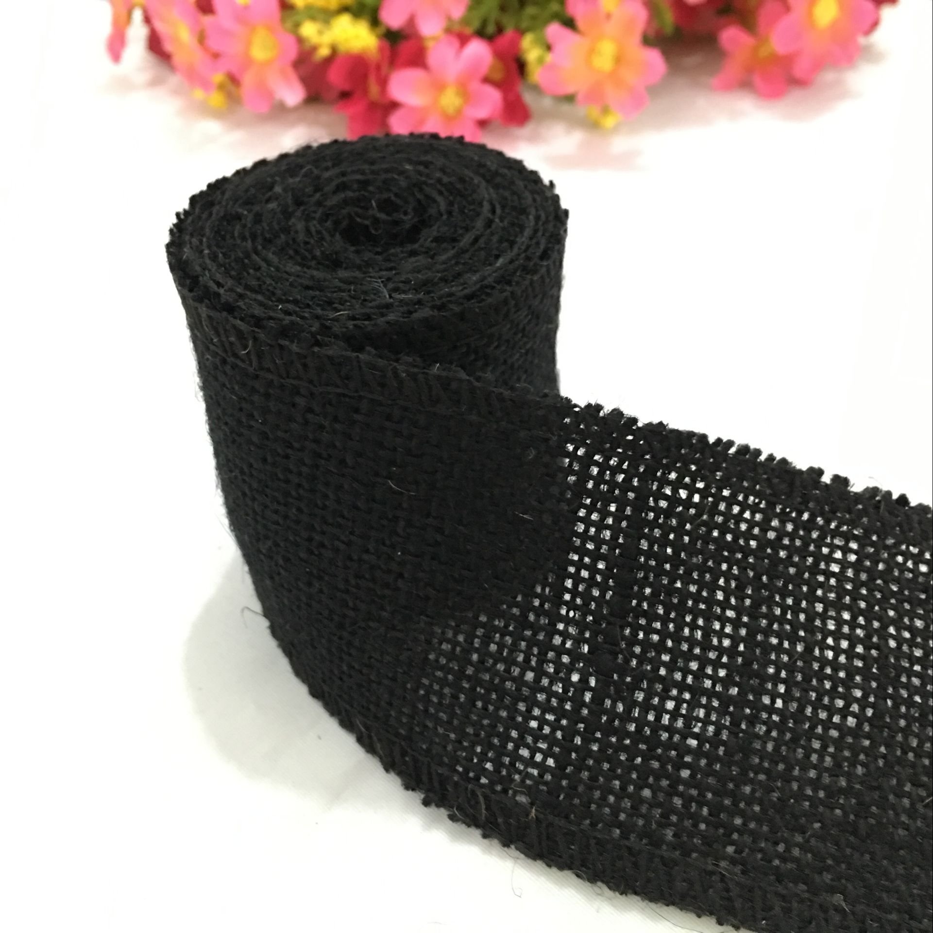 Ozxchixu Black 2 Meters Width 6Cm Colorful Natural Jute Burlap Ribbon Jute Fabric Roll Hessian Ribbon Trims Tape Rustic (Black)
