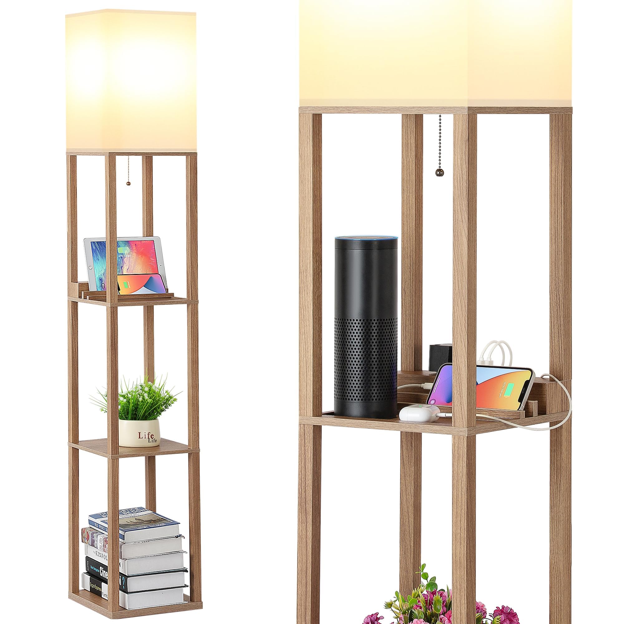 Lampa stojąca 3 w 1 z półką i stacją ładującą, gniazdem USB typu C i AC, 3-poziomowa lampa stojąca z oświetleniem LED do sypialni, salonu, biura, nowoczesna, wysoka lampa podłogowa (63”)