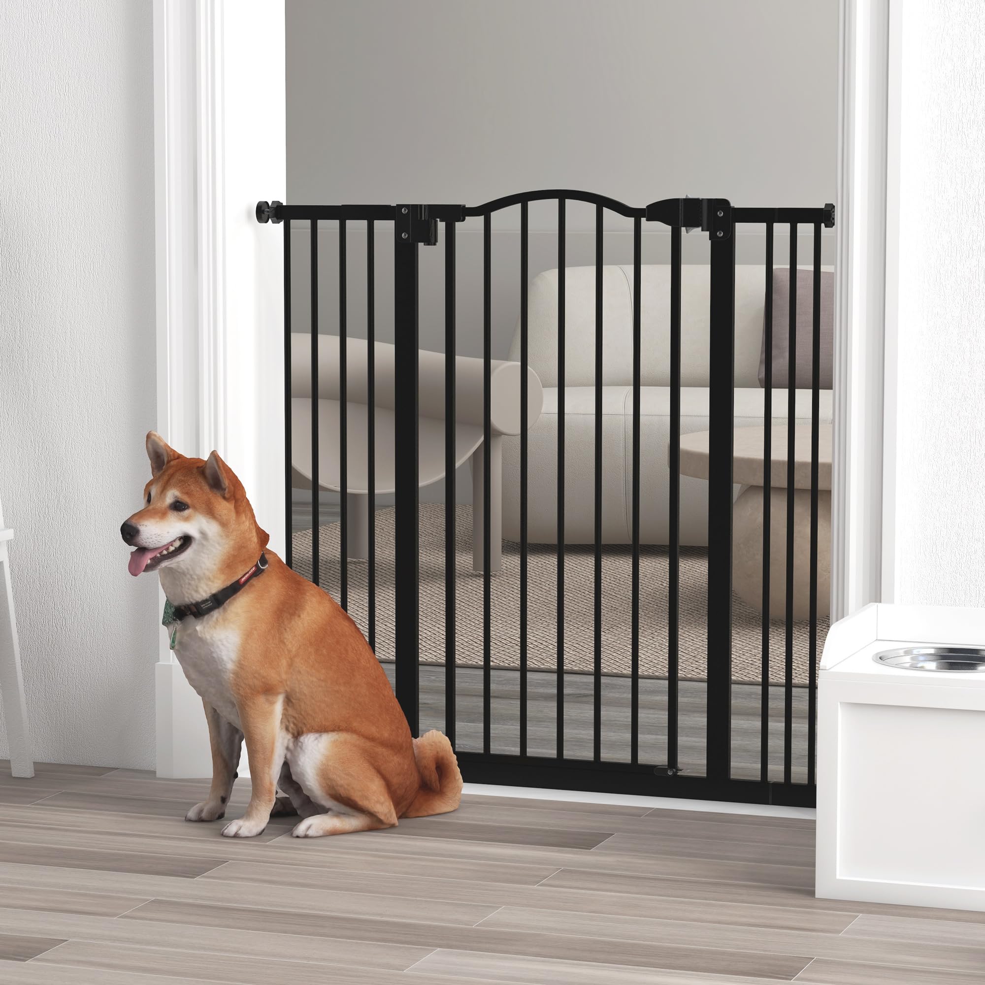 PawHut Barrera de Seguridad para Perros Extensible 74-100 cm, para Puertas y Escaleras, Barrera para Perros Medianos con 2 Extensiones 7/14 cm, Montaje a Presión y Doble Bloqueo, Negro