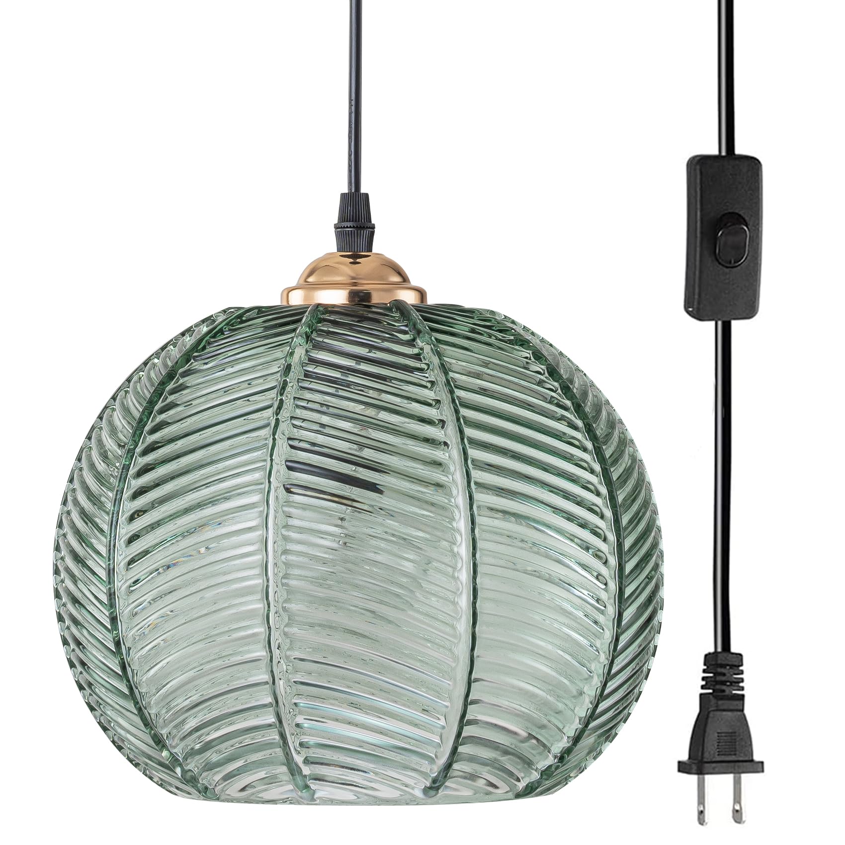 Pobllem Plug in Pendant Light, 8.6" Green Glass Pendant Light Adjustble Hanging Light Fixture with Plug in Cord 14.75 Ft, Mid Century Modern Hanging Lamp for Living Dining Room Kitchen