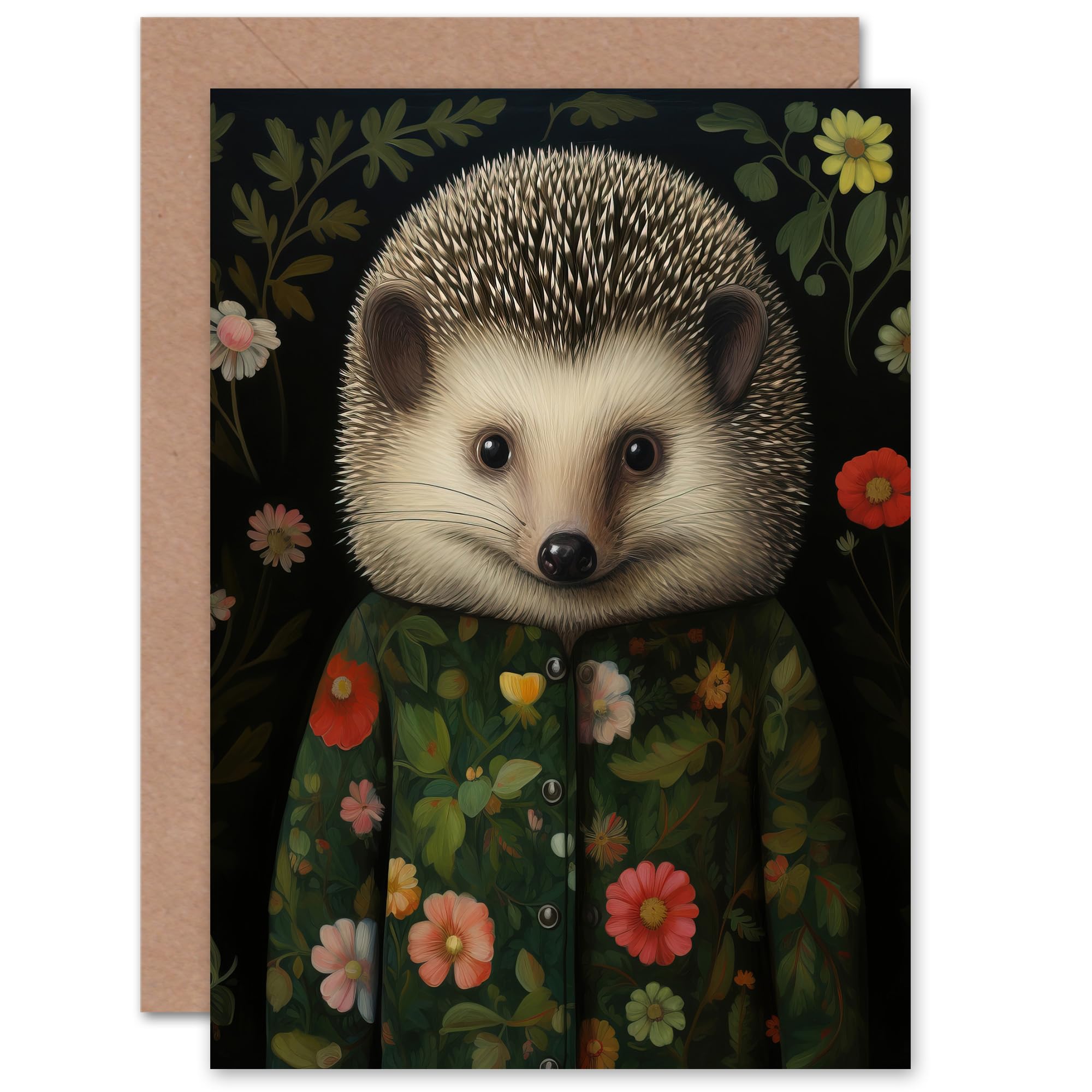 Artery8 Hedgehog in Hedgerow Floral Jacket Cute Kids for Child Children Birthday Congratulations Sister Daughter Blank Art Greeting Card