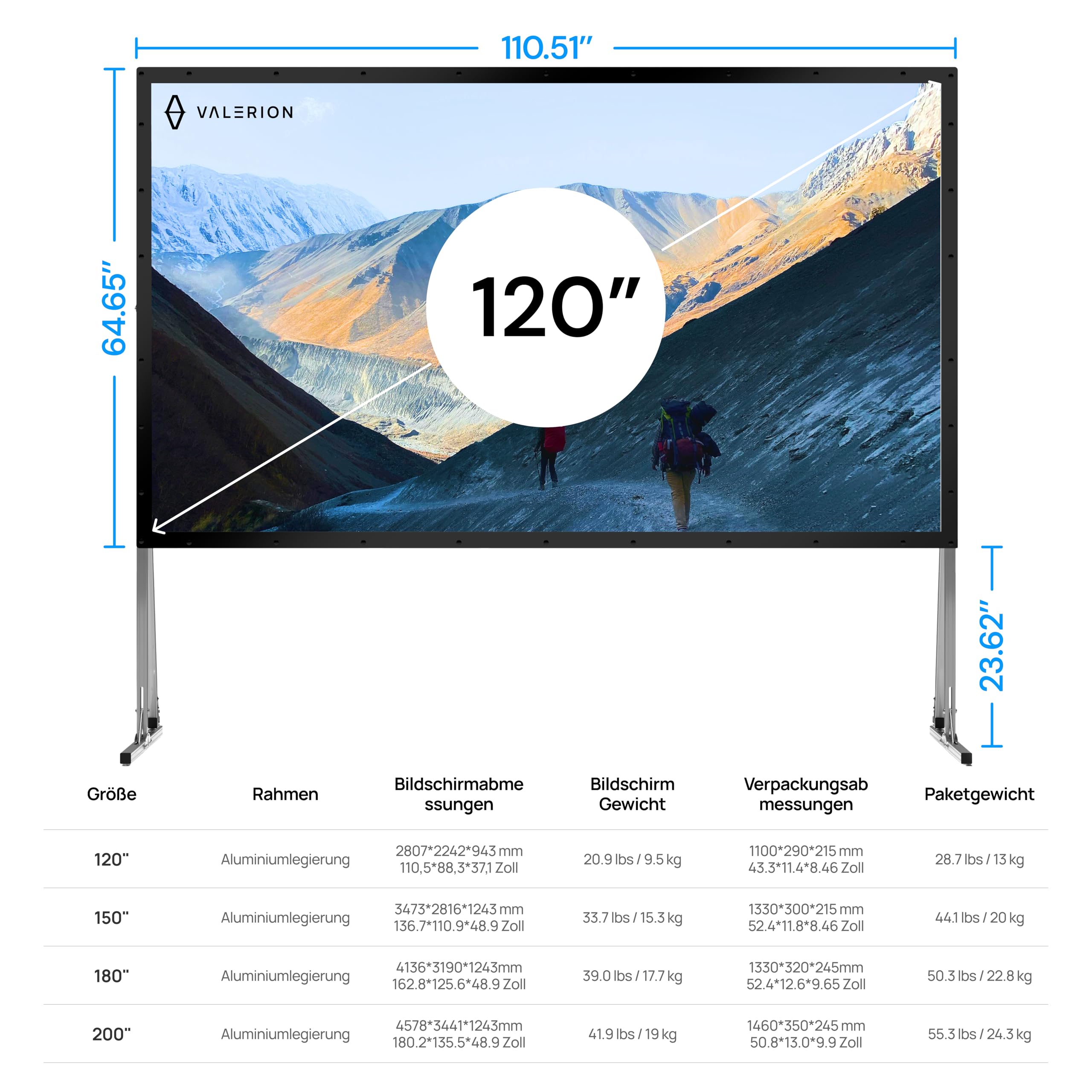 Valerion 120 Zoll Tragbare 4K/8K Outdoor-Leinwand mit Ständer, 3-lagiges mattweißes PVC, 16:9 Format, 1.3 Gain, faltbar, Anti-Falten, windstabil, inkl. Tragetasche